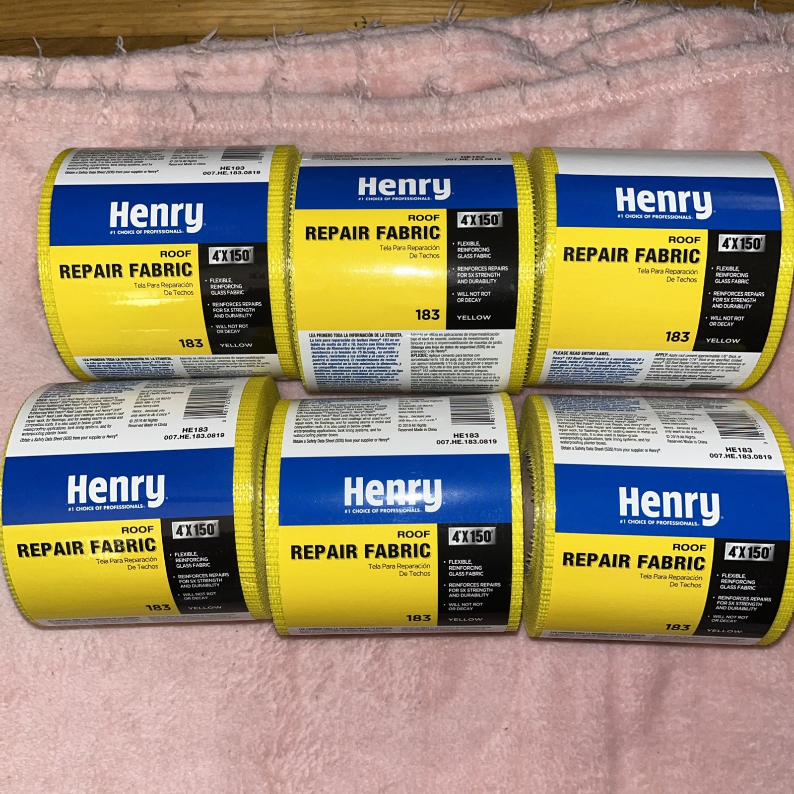 6 -Henry 183 Roof Repair Fabric 4″x150′ Yellow Flexible Reinforcing Glass Fabric