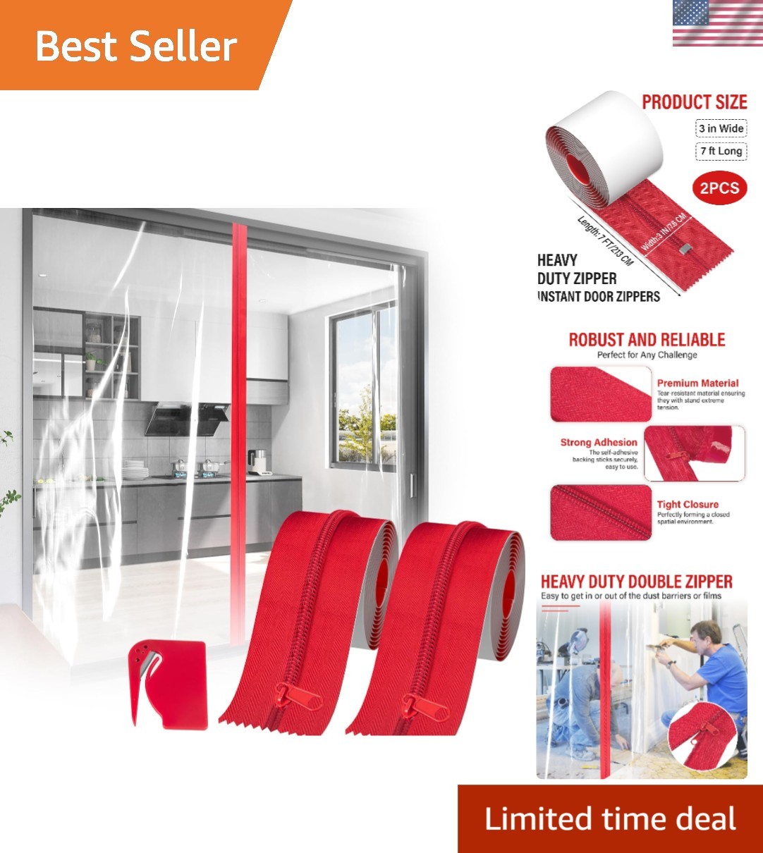 Heavy Duty Zipper Door for Dust Barriers,2 Rolls Self-Adhesive Dust Zipper fo…