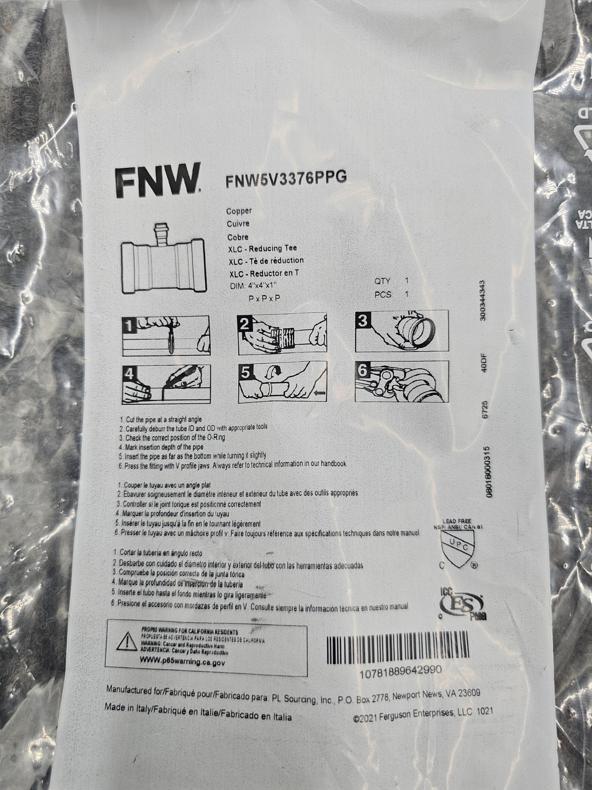 FNW FNW5V3376PPG 4″ x 4″ x 1″ Copper Press Reducing Tee