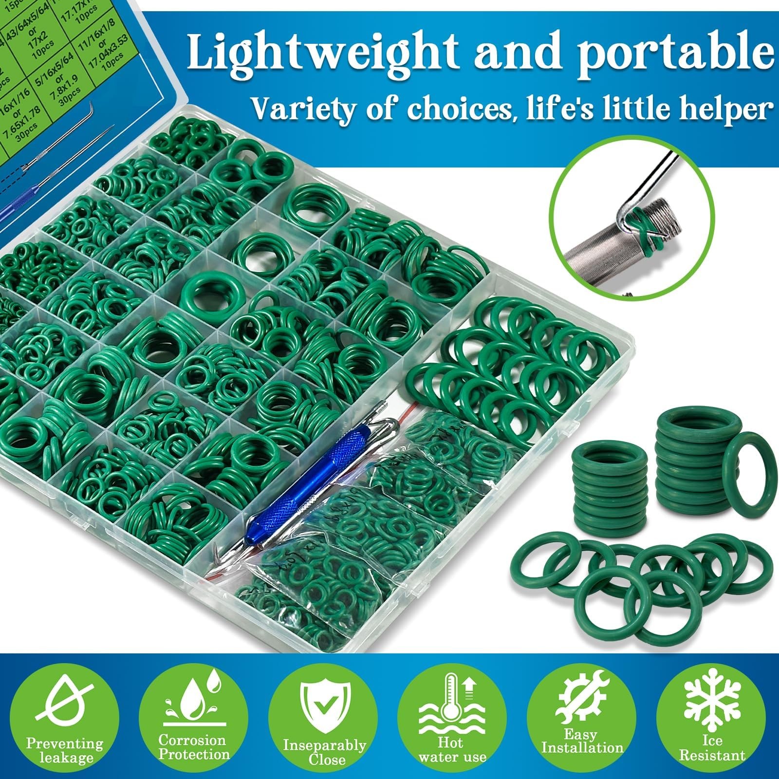 ZDBB 595 Pcs Automotive AC O Rings Kit, SAE and Metric Air Conditioning Green