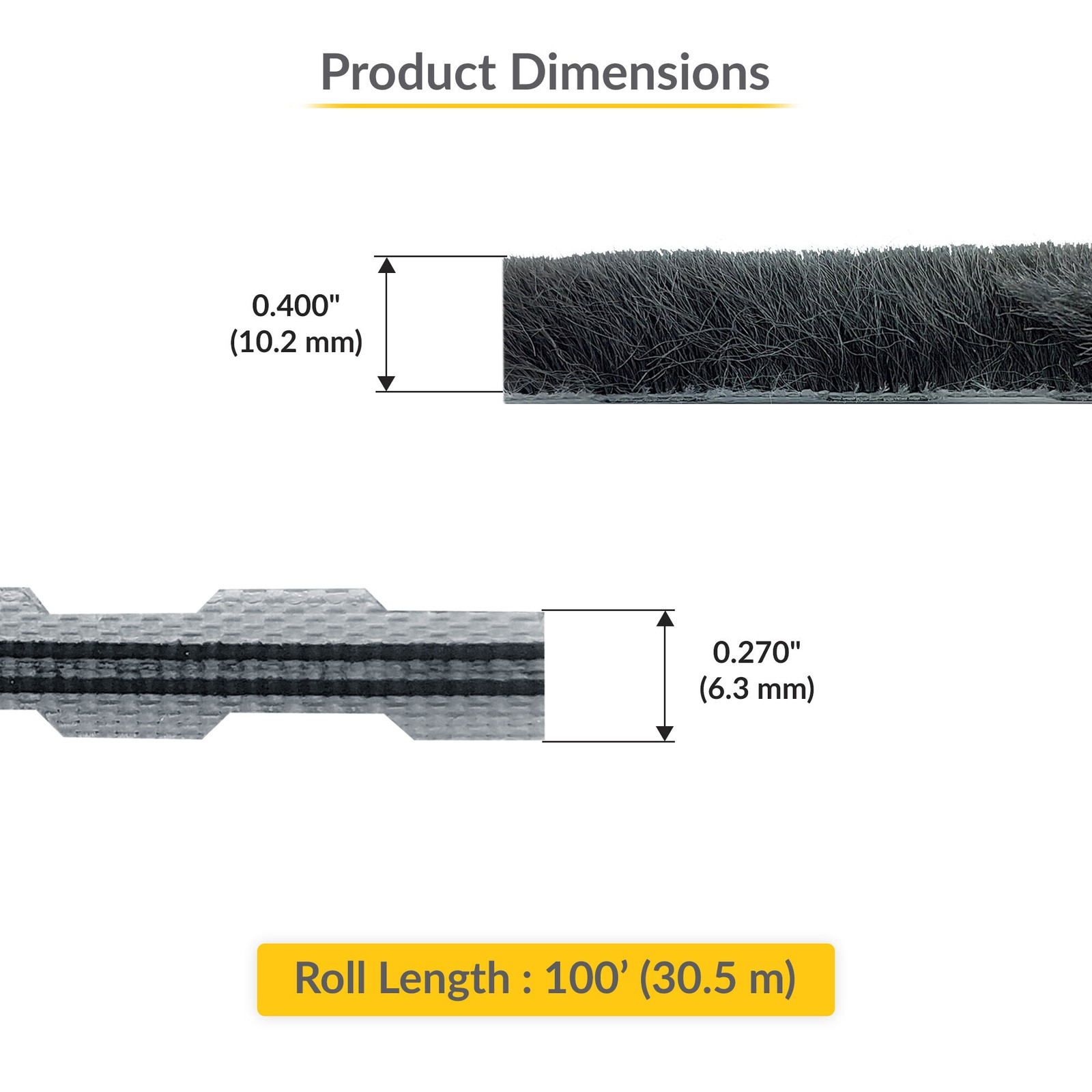 Brixwell Zipper Pile Weatherstrip, Gray Finish, 100′ Length, 0.400″ Pile Height