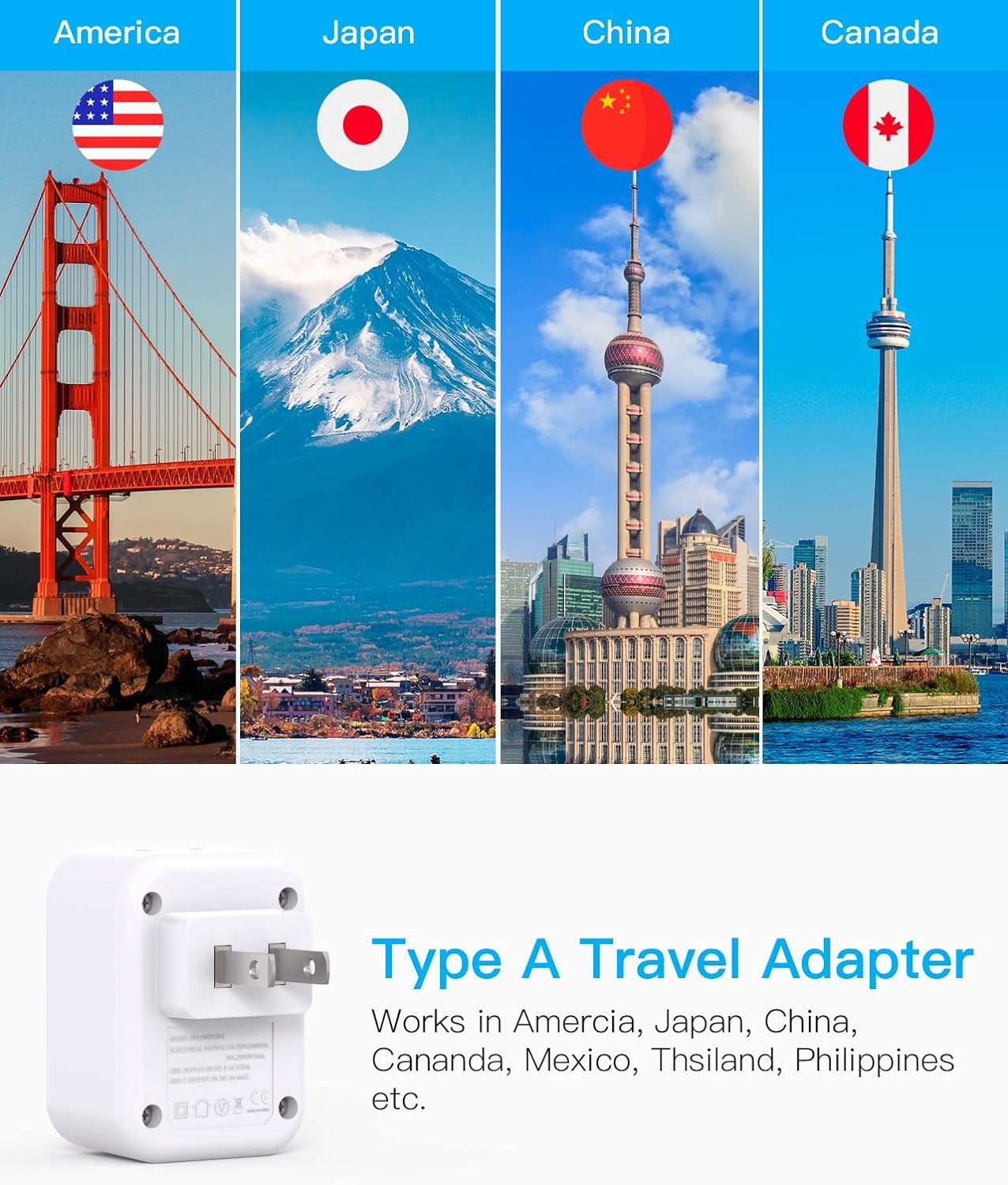 Japan Power Adapter 2 Outlet 3 USB 2 Pack