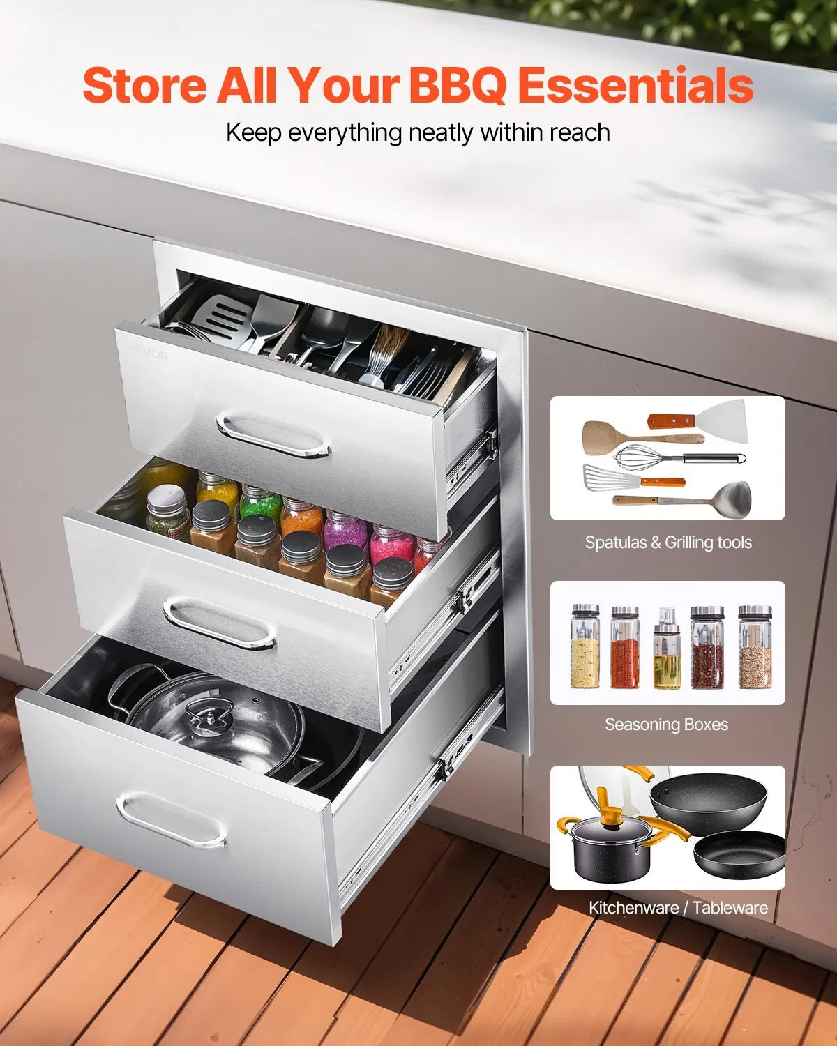 Outdoor Kitchen Drawers 18.11″W x 23.23″D x 23.23″H, Triple-Access Stainless Ste