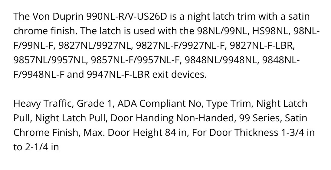 Von Duprin 990NL-RV US26D, Par Number 10004, Grade 1 Night Latch Pull Trim