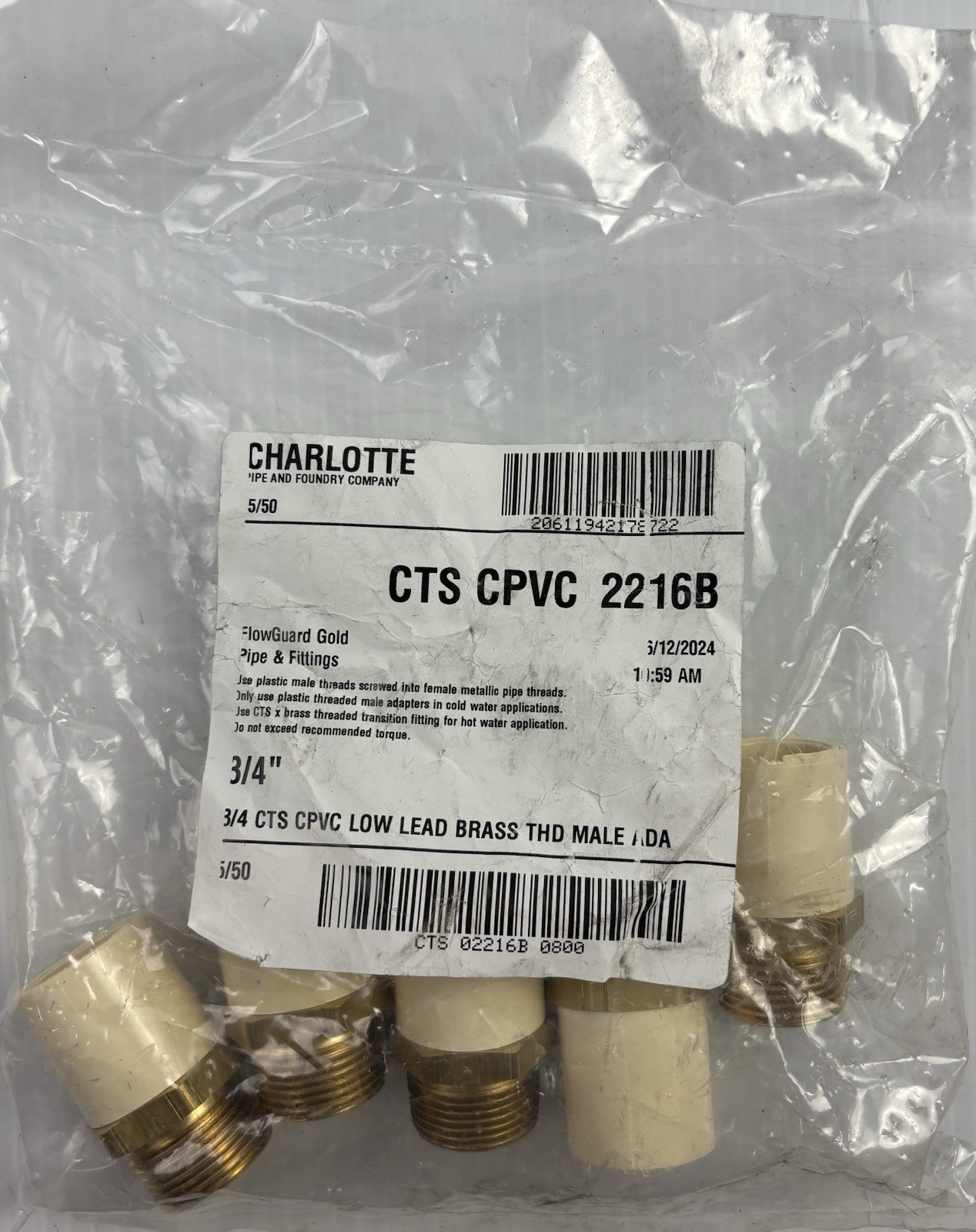 Charlotte FlowGuard Gold® CTS 02216B 0800 CTS 2216 B Male Adapter, 3/4 in 5 pcs