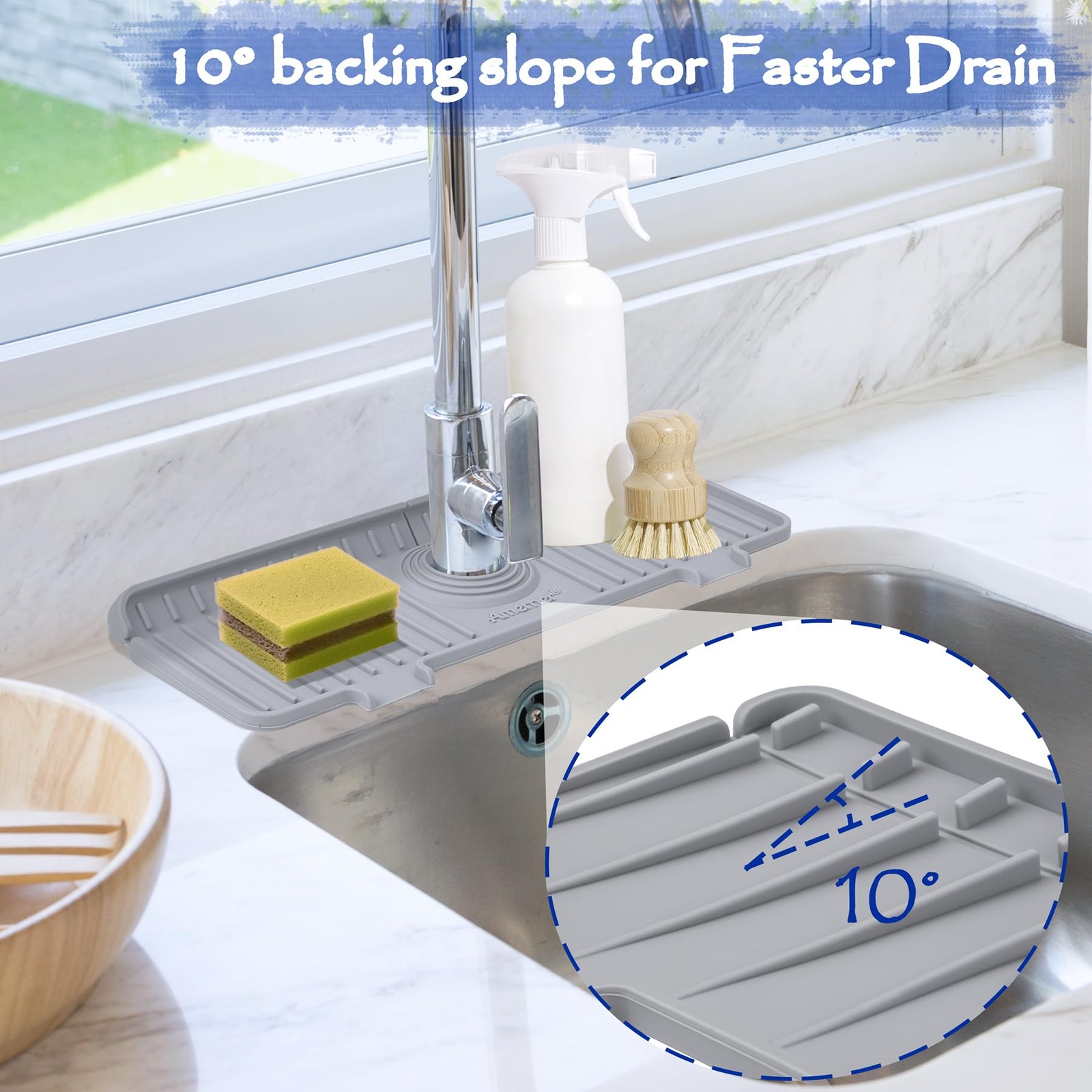 Amerner Kitchen Sink Splash Guard, Silicone Faucet Guard & 14 IN, Gray
