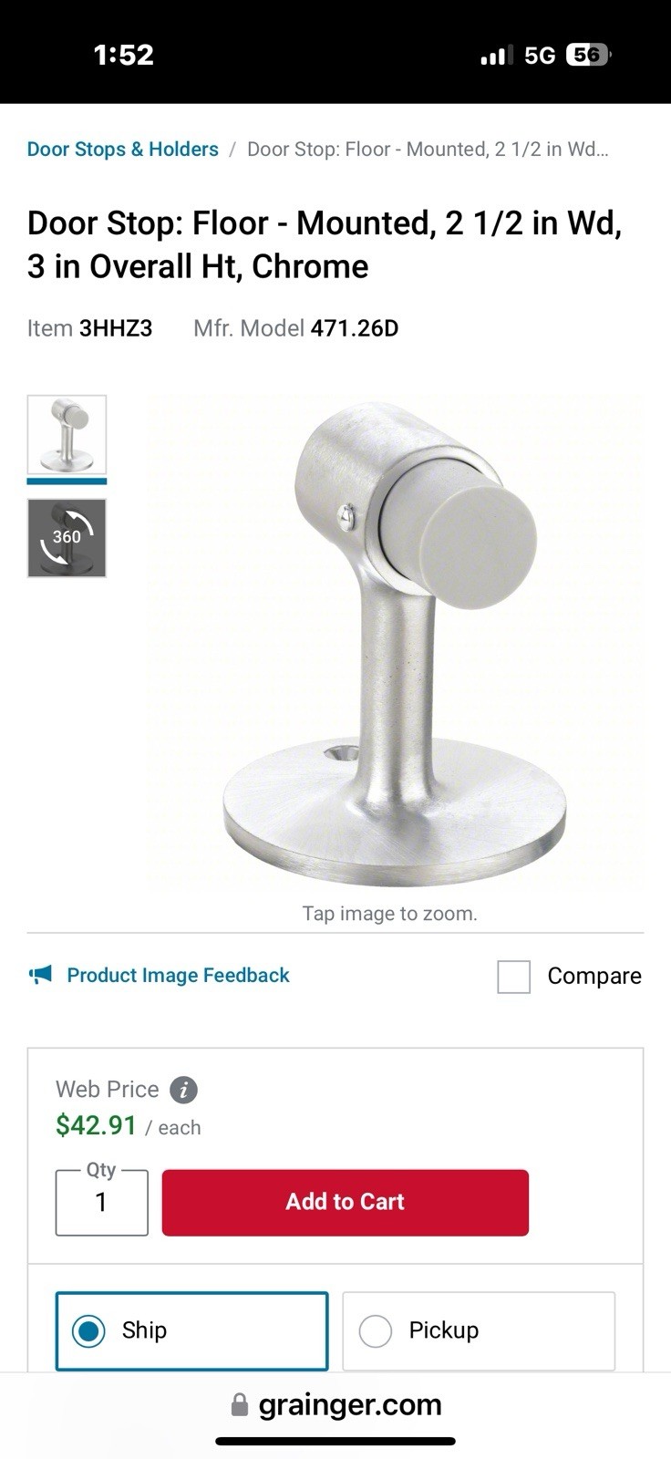 Rockwood ASSA ABLOY 471 Door Stop Satin Chrome brushed nickel US26D