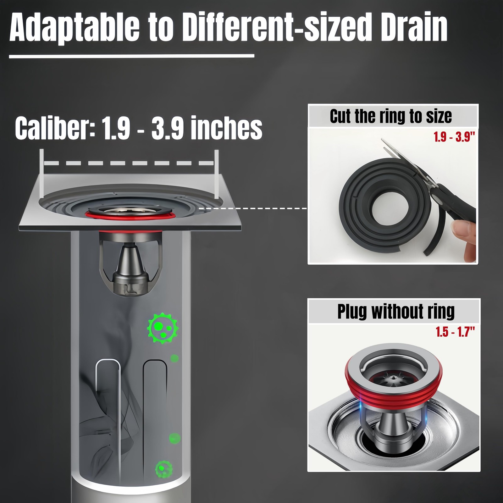 Shower Drain backflow Preventer, Odor-Proof core, 1.5”-3.9”, Black