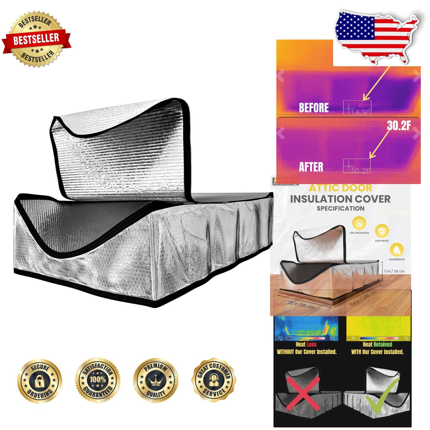 Extra Thick Attic Ladder Insulation Cover 25x54x11″ R-Value 14.5 Reflective Foil