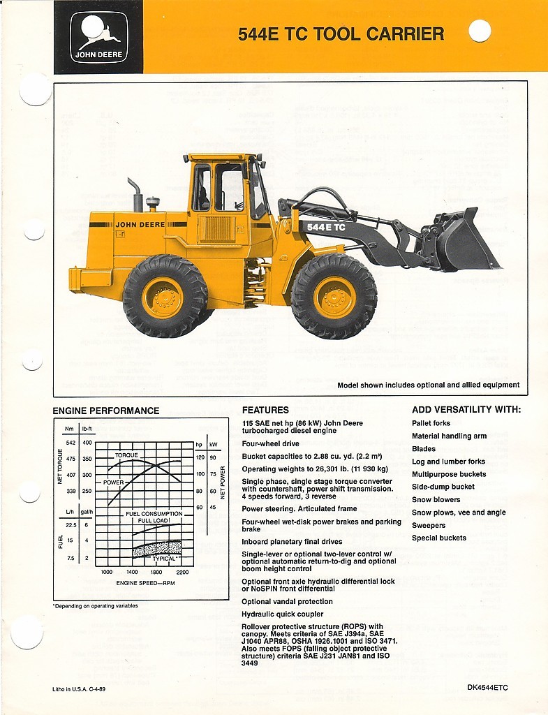 Equipment Brochure – John Deere – 544E TC – Tool Carrier Loader – 1989 (EB409)