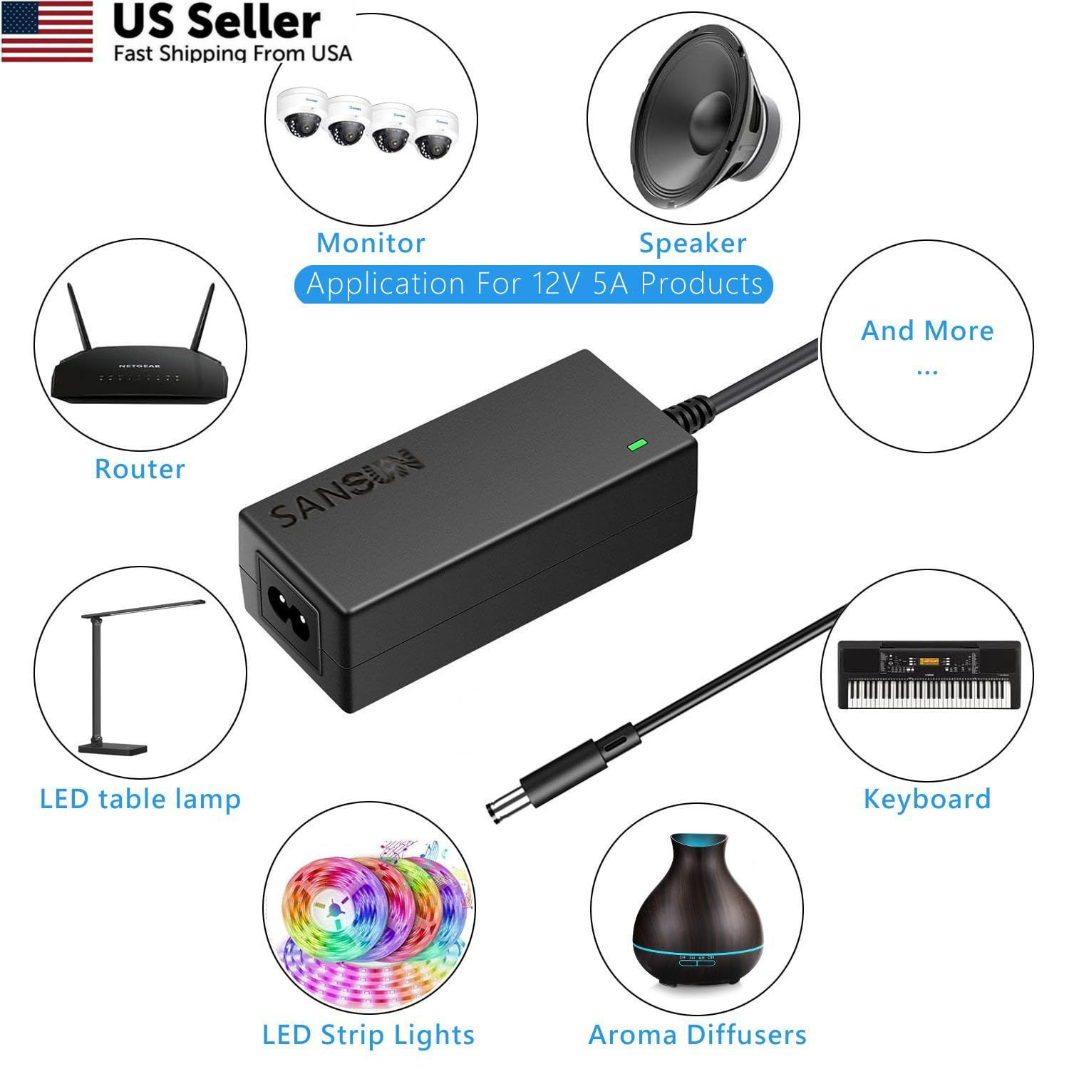 12V 5A Power Supply, AC 120V to DC12V 5.5×2.1mm Jack Converter, 1 Pack, Black