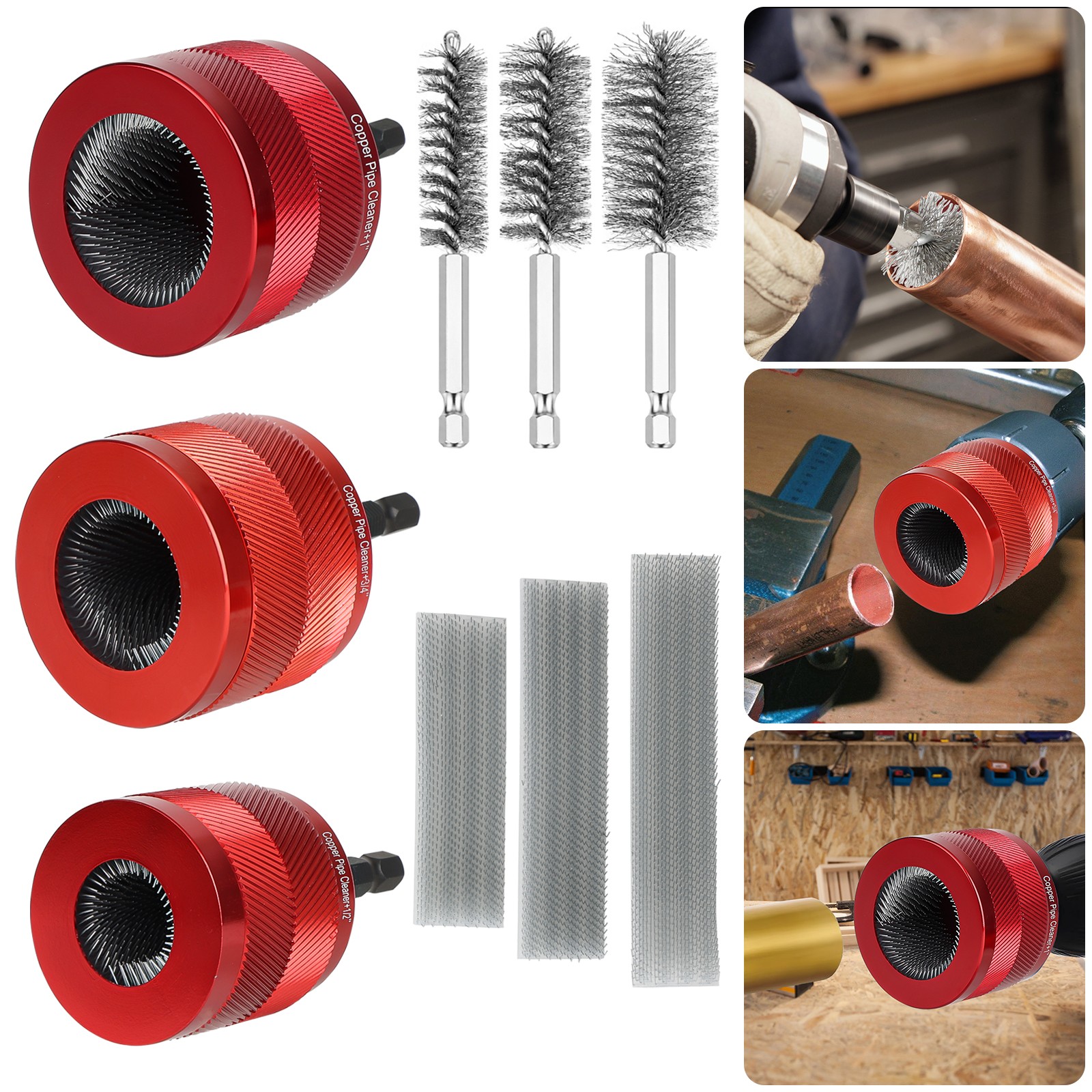1/2″ 3/4″ 1″ Copper Pipe Cleaner Drill Kit Internal External Plumbing Wire Brush