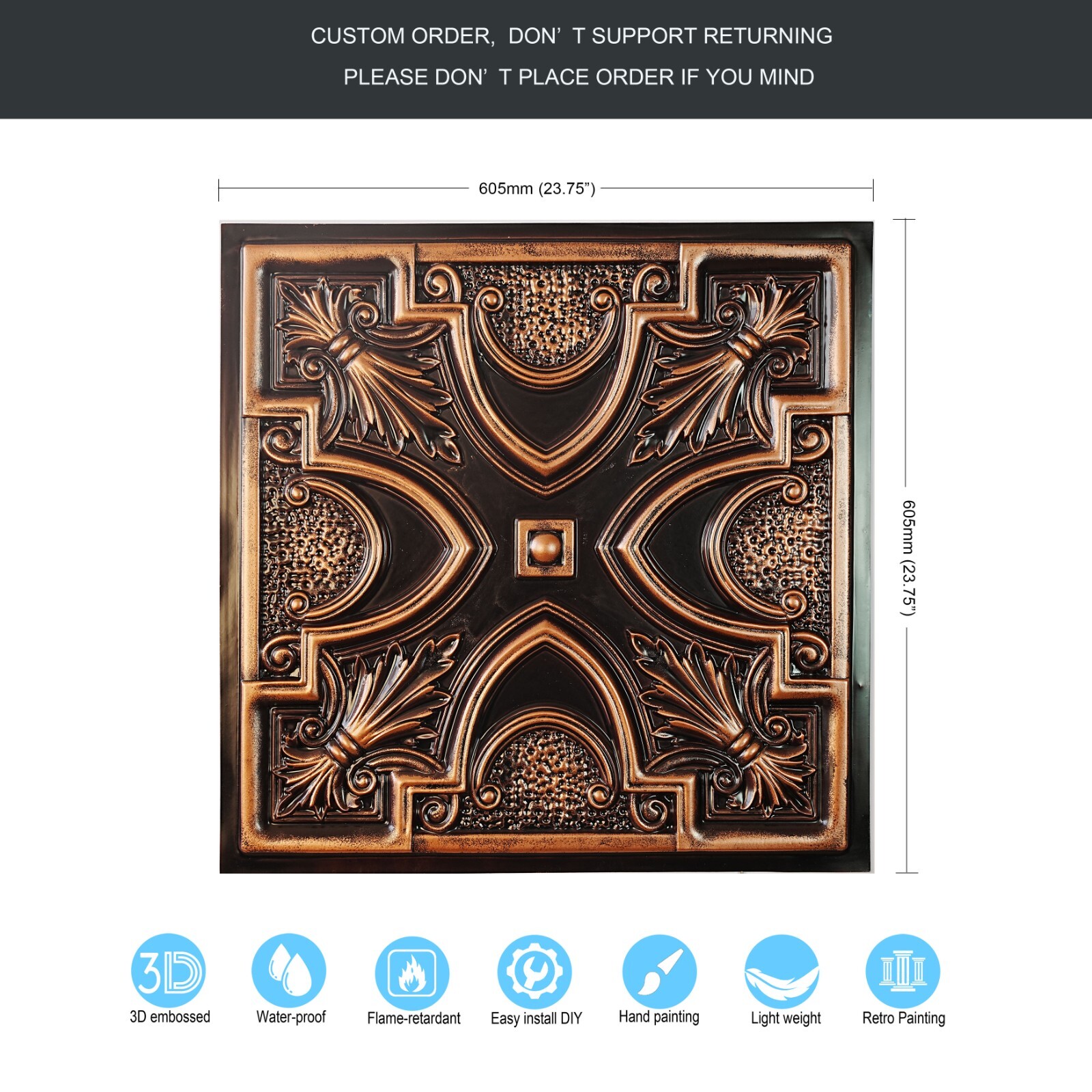 Ceiling Tile Faux Tin Painted Plastic Wall Panel PL11 Traditional copper 10Pcs