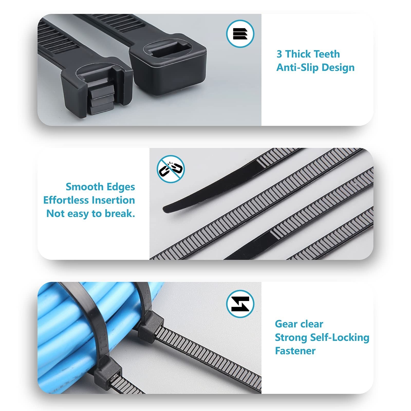 Zip Ties Assorted Sizes(4”+6”+8”+12”), 400 Pack, Black C