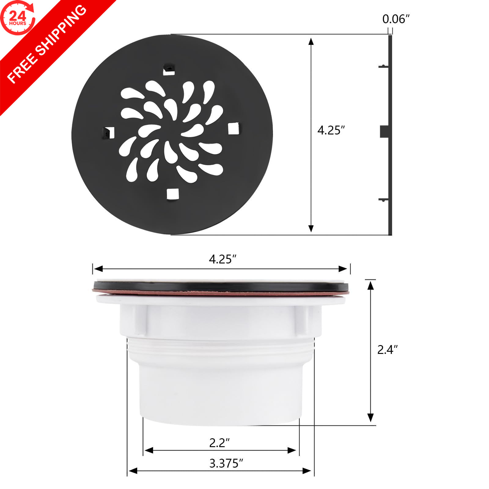 Uni-Green 4-1/4 inch Round Shower Base Drain – Matte Black Solvent Weld