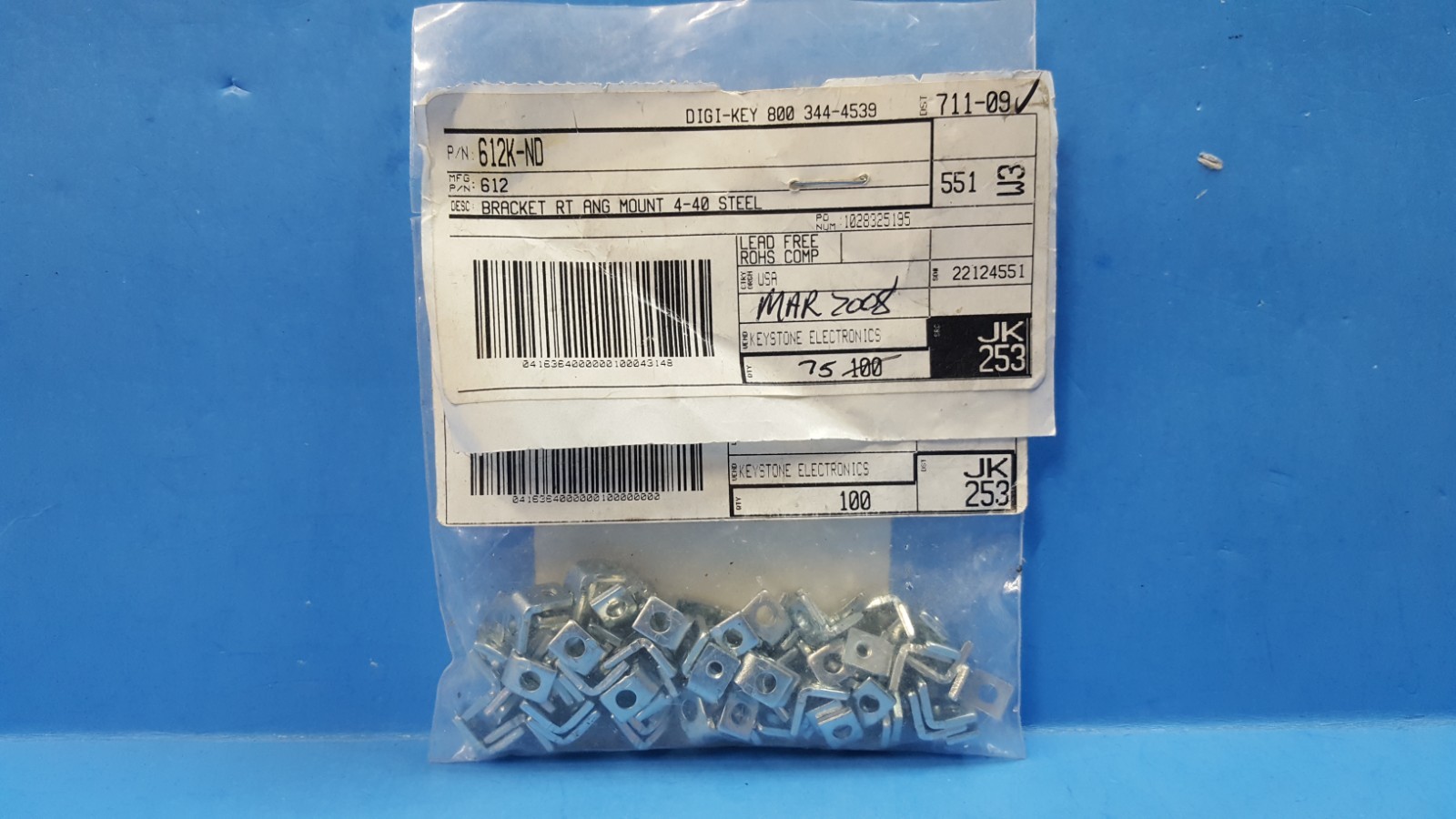 ~70 Pcs-MOUNTING BRACKET , 612, Keystone, Short, L0.13″, 4-40 Steel, Zinc Plated