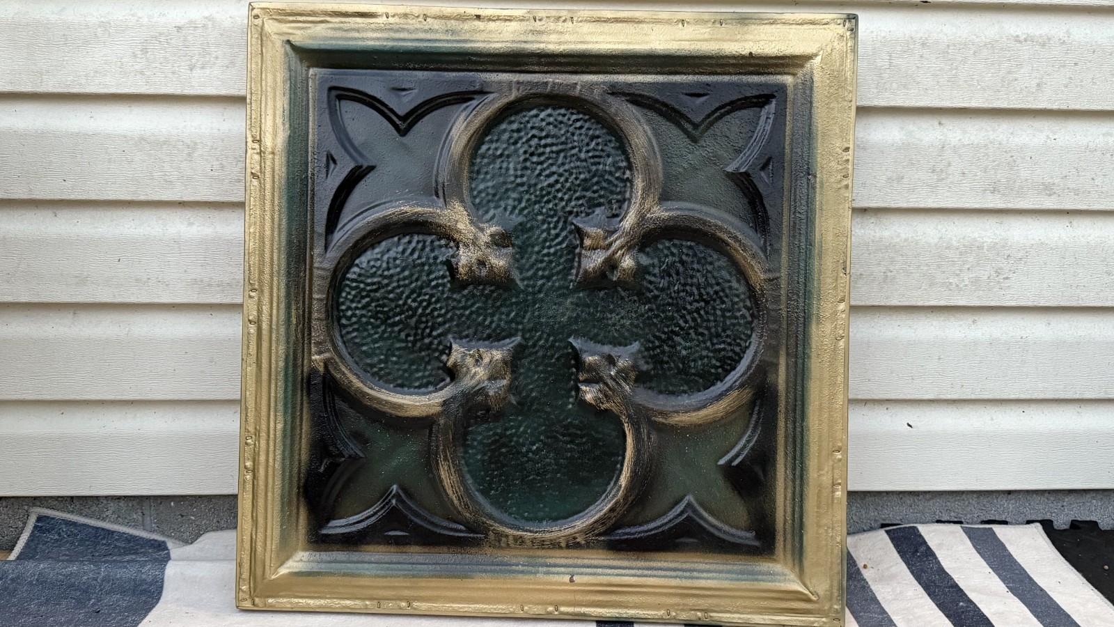 Vintage Style Gothic Wood framed embossed Metal Panel Quatrefoil Wall Art