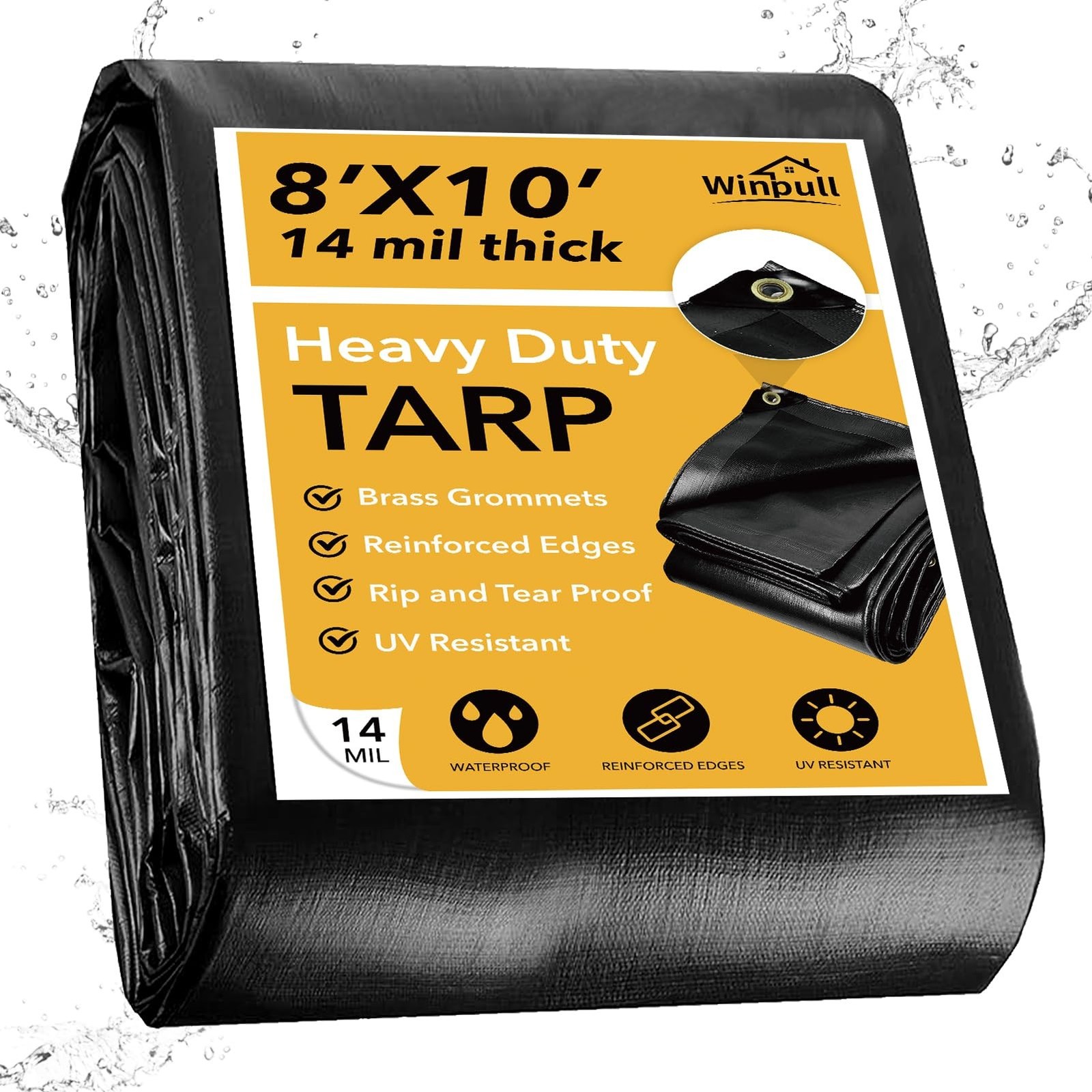 Winpull Tarp 8×10 FT 14 Mil Tarp Heavy Duty Waterproof, Black Poly Outdoor Ta…