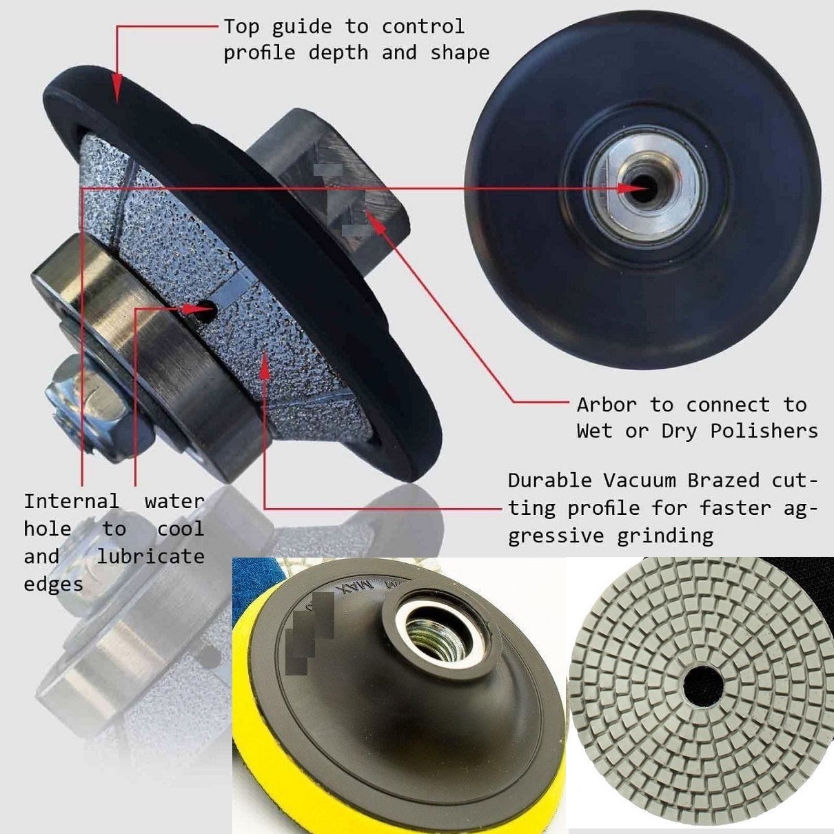 3/8″ Bevel bullnose E10 10mm Diamond Router 5 Step 4″ Granite Pad Concrete Stone