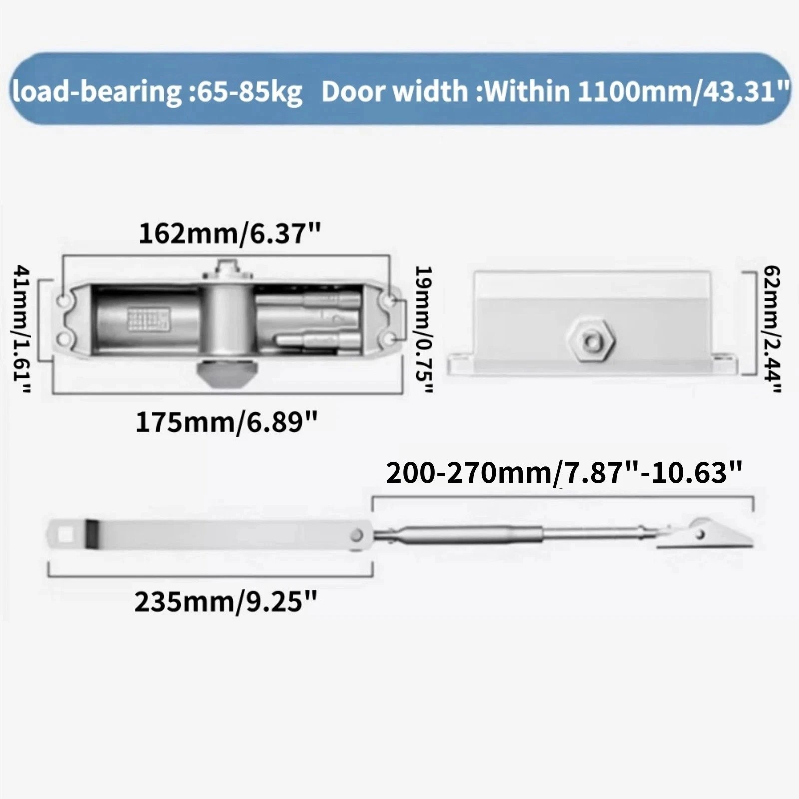 65-85 Kg Size4 Commercial Door Closer Silver Aluminium Alloy Heavy Duty