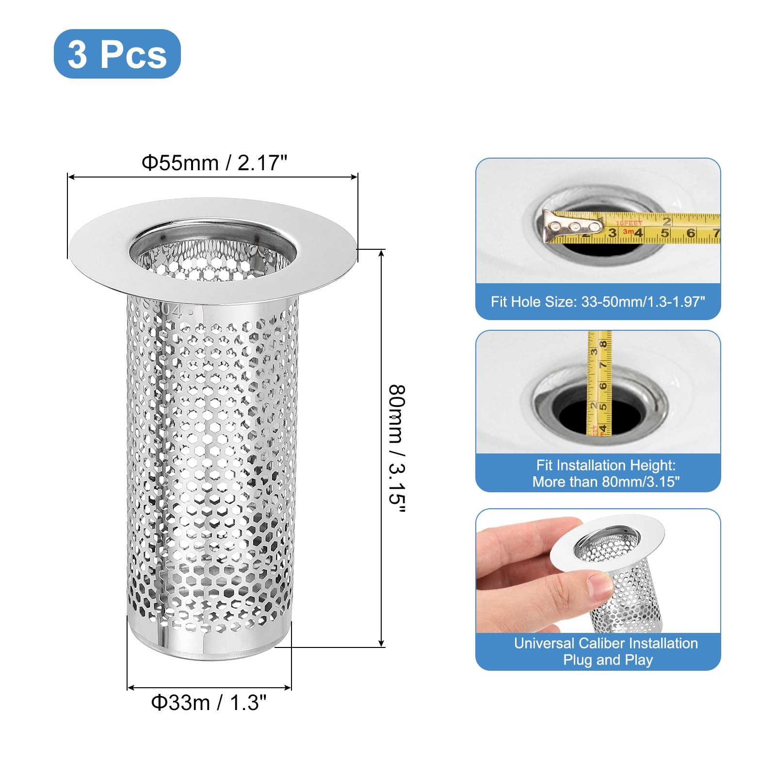 uxcell 3 Pack Shower Drain Strainer, 3.2″ x 2.2″ 304 Stainless x
