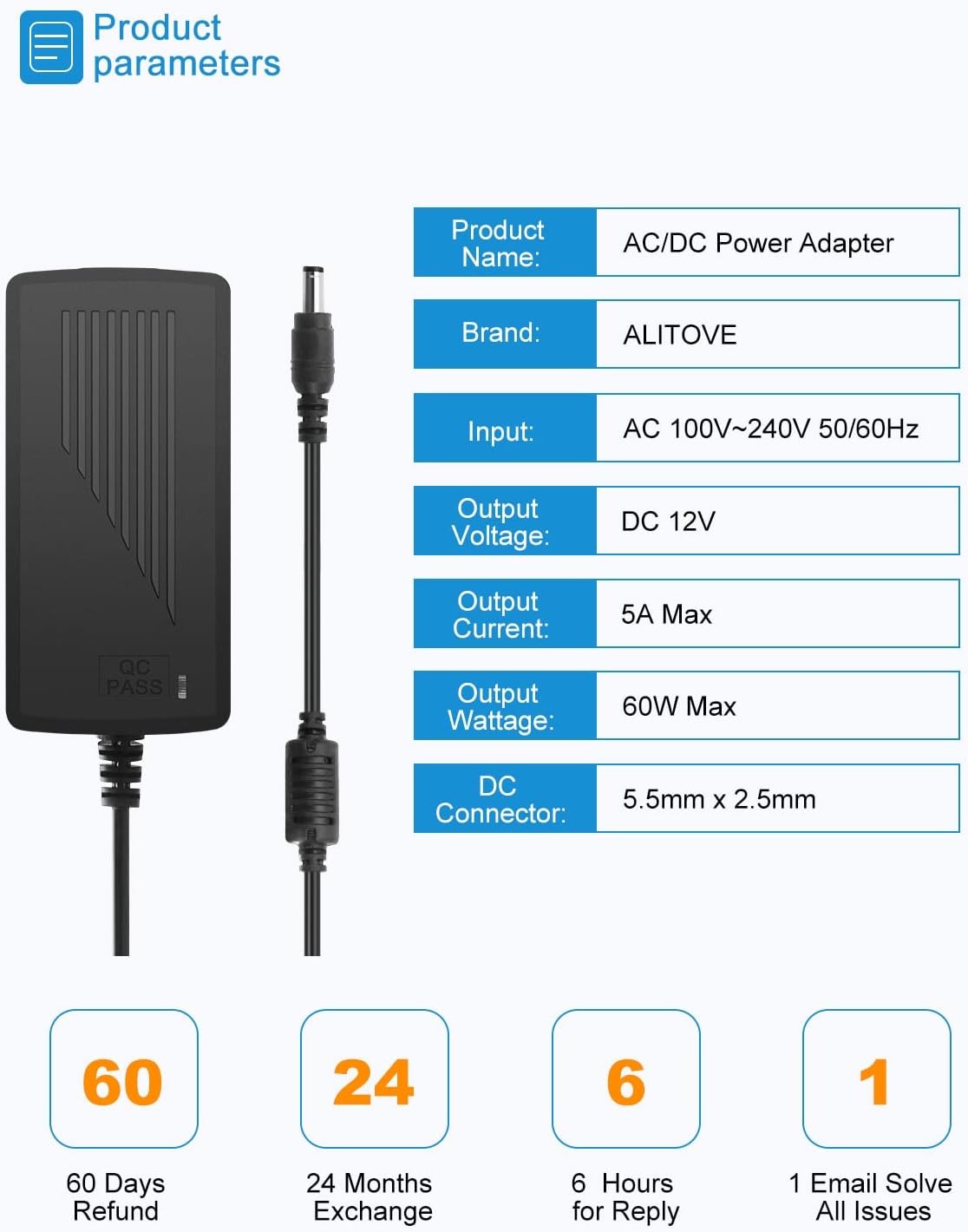 ALITOVE DC 12V 5A Power Supply Adapter Converter Transformer 60W AC 100-240V Inp
