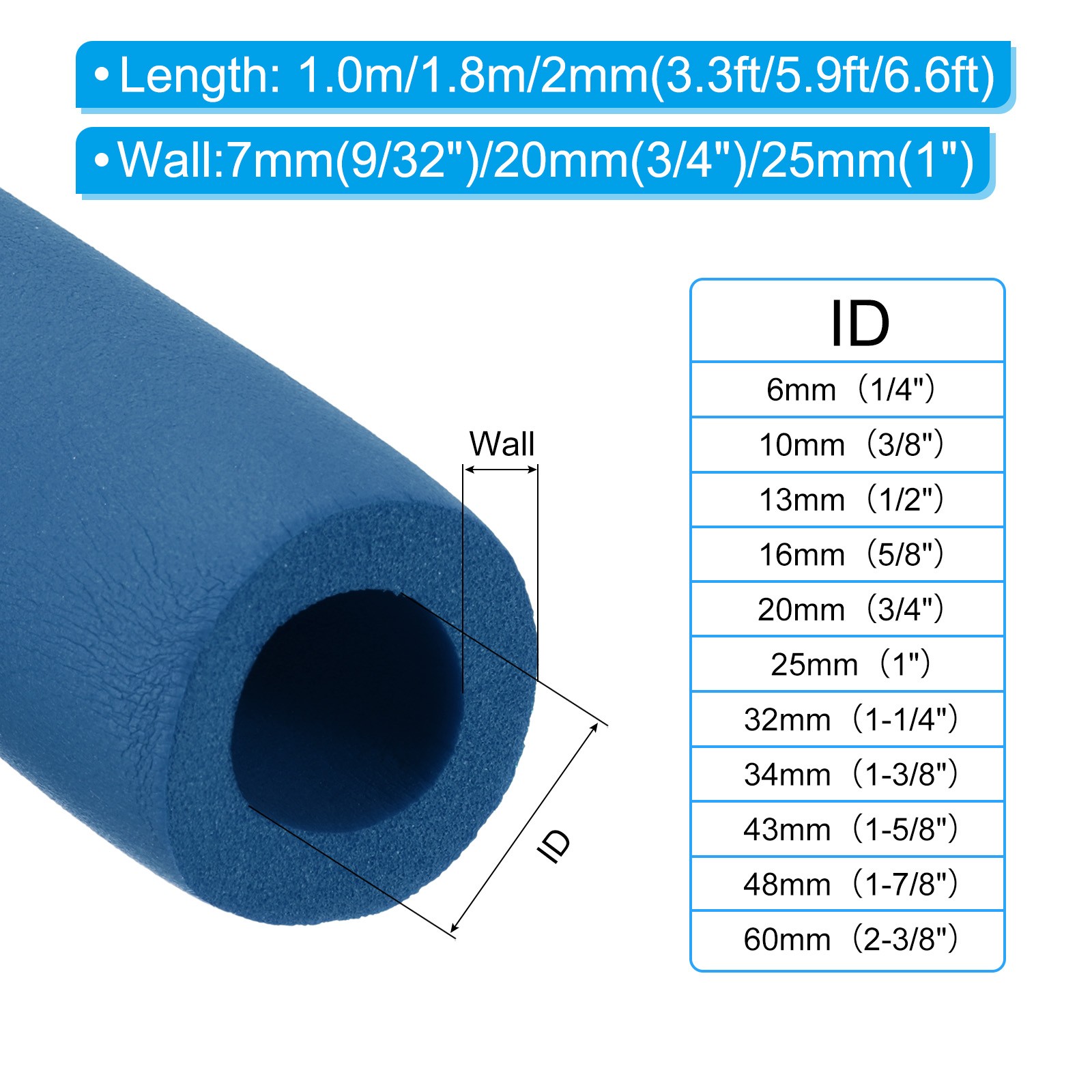 5.9Ft 1-1/4″ 32mm ID Pipe Insulation 7mm Thickness Blue