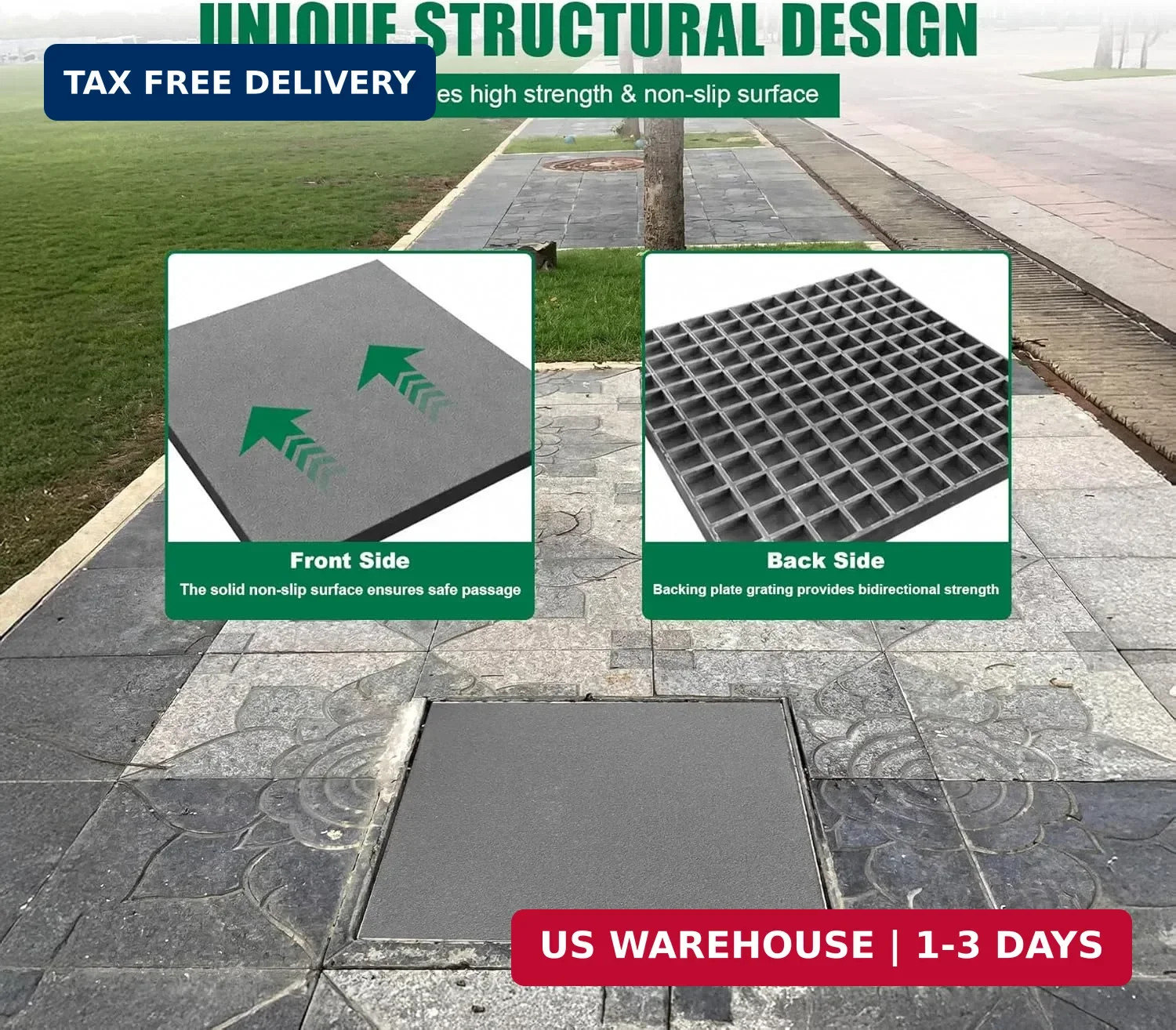 24x24x1.2inch Fiberglass Solid Flat Cover With Non-slip Grit Surface for Septic