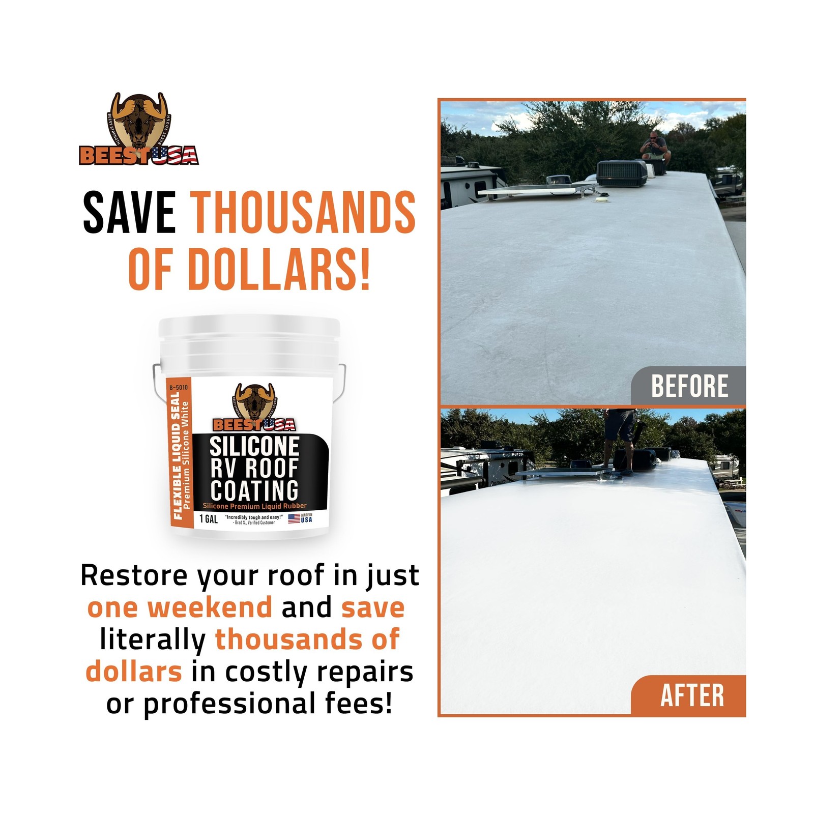 BEEST RV Roof Coating Silicone White, 1 Gal Covers up to 33.5 s… Fast USA SHIP