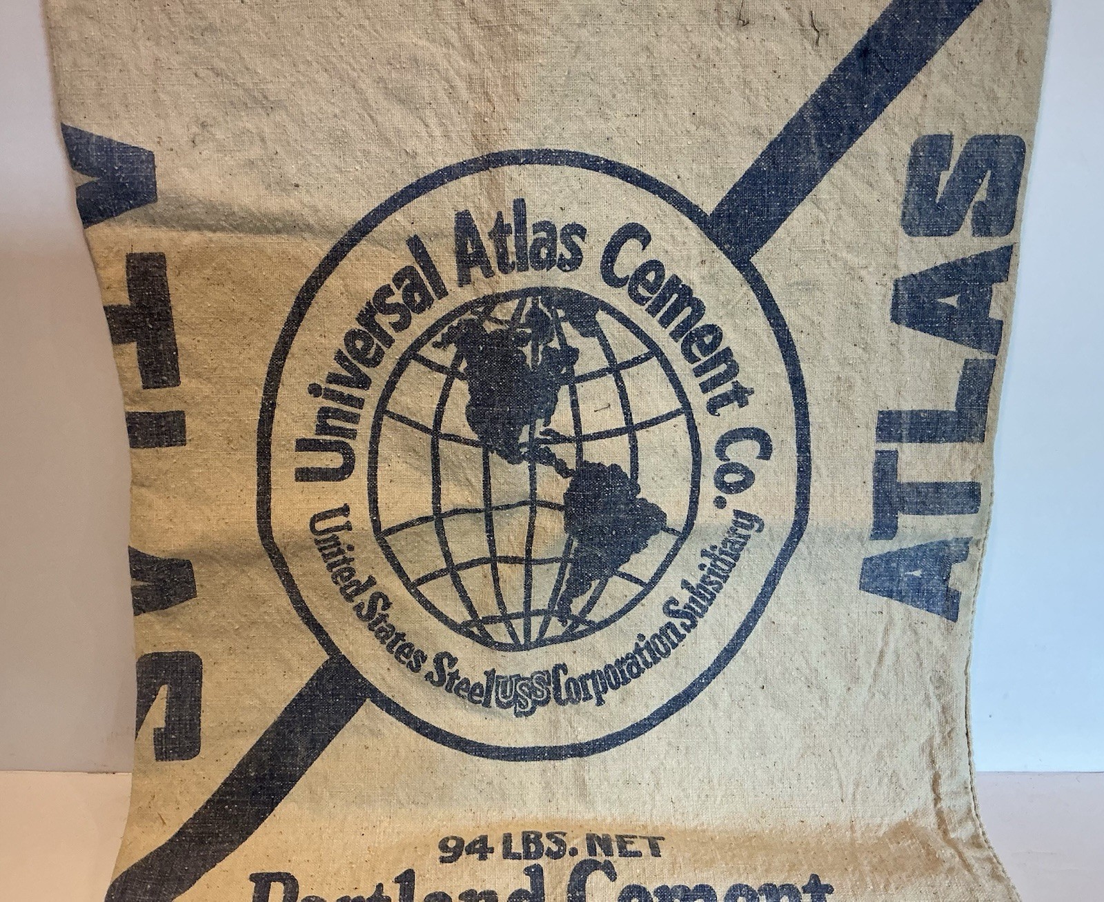 Vintage Atlas Cement Co. Sturdy Cloth/Canvas Sack 94 Lbs. Blue & White