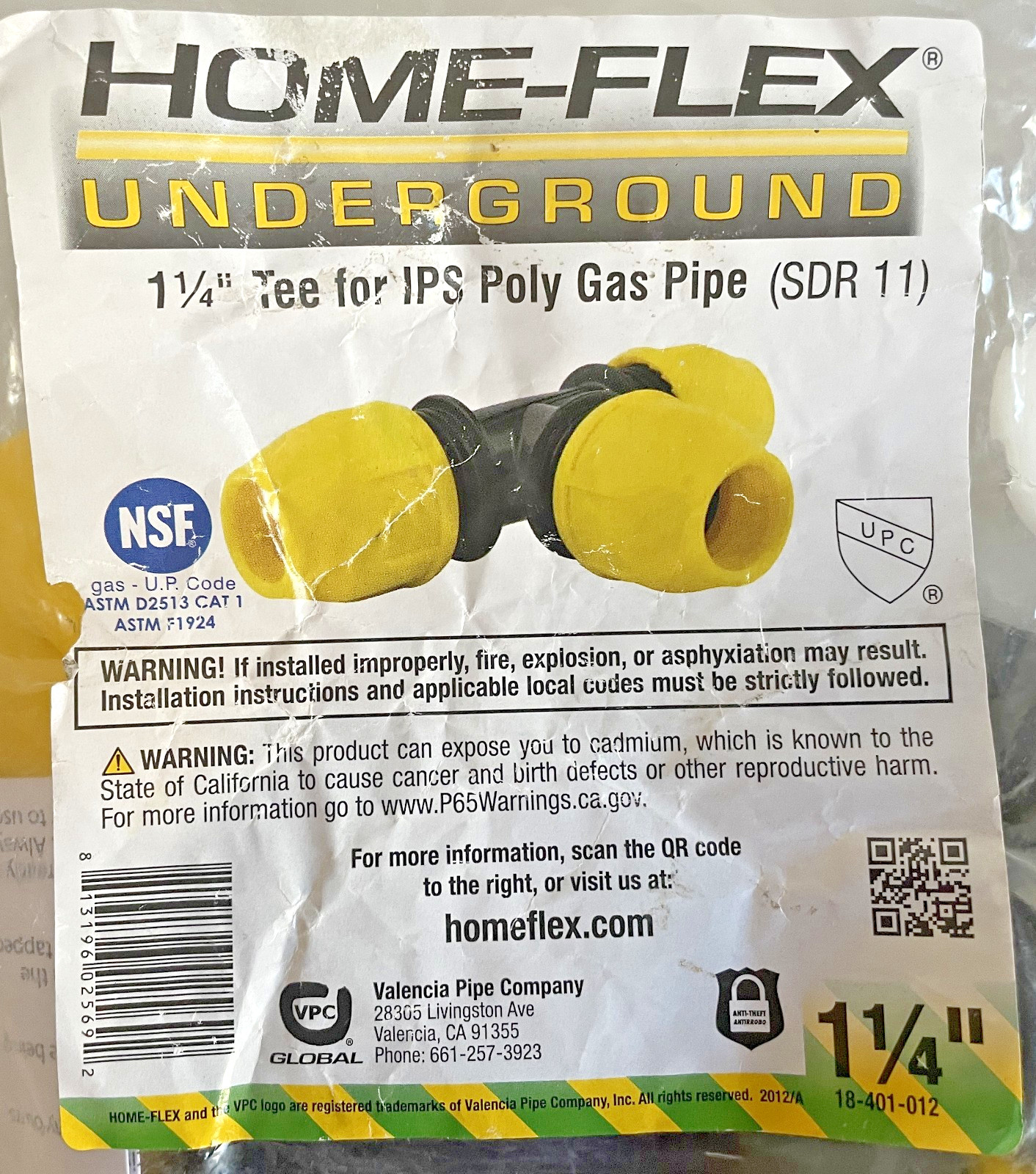 HOME-FLEX 1.25 Inch IPS DR 11 Underground Yellow Poly Gas Pipe Tee NEW