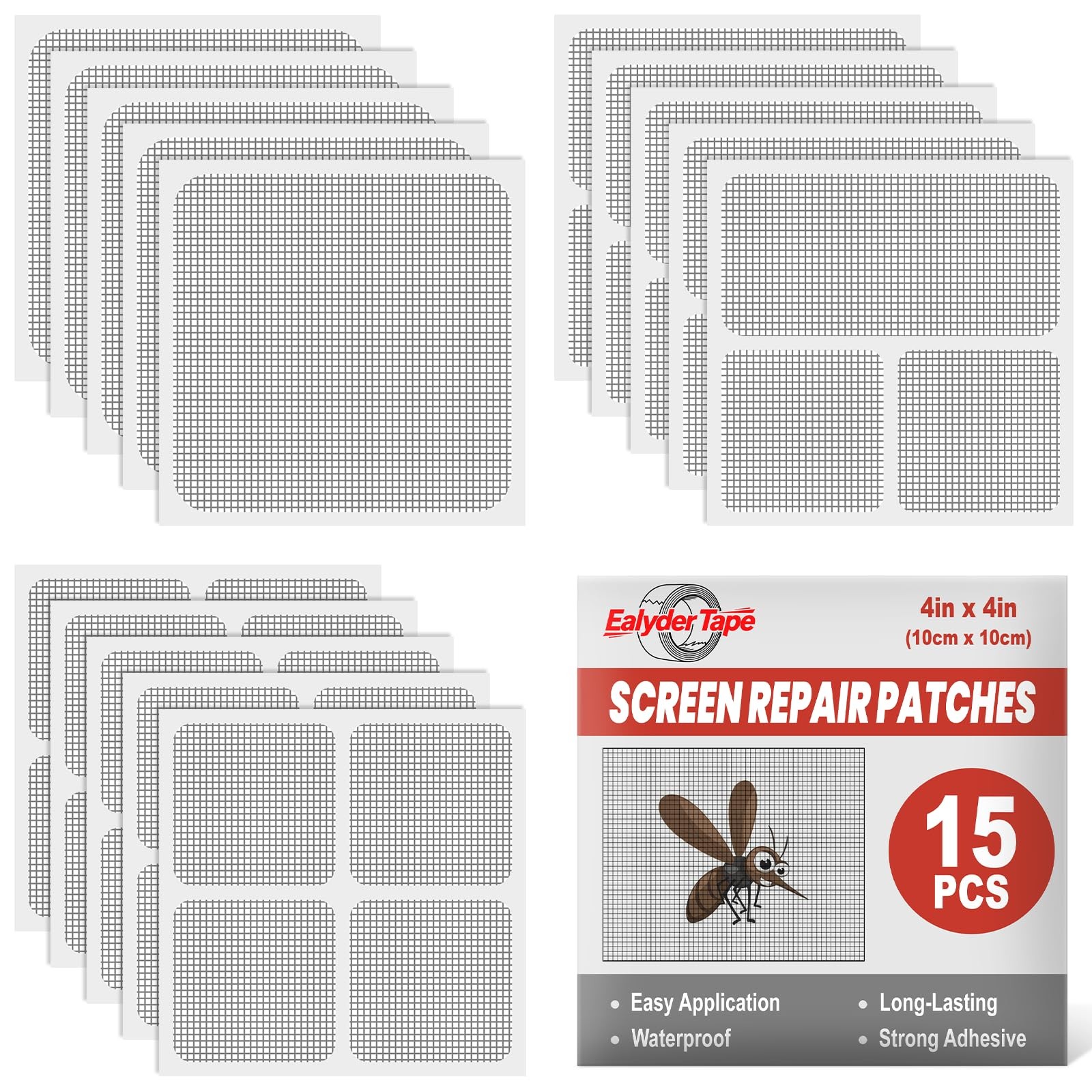 15 Sheets Window Screen Patches Repair Kit, Gray 3 Sizes Fiberglass