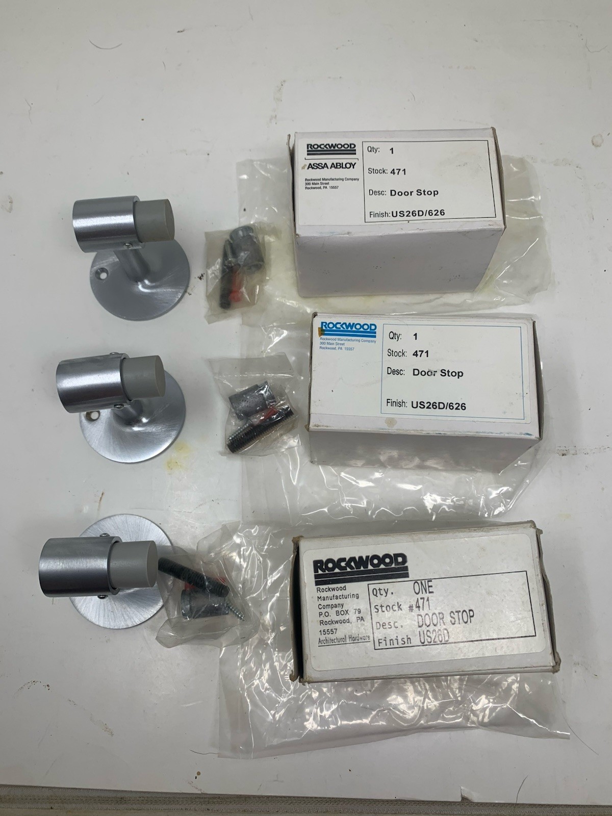 (3) Rockwood ASSA ABLOY 471 Door Stop Satin Chrome brushed nickel US26D