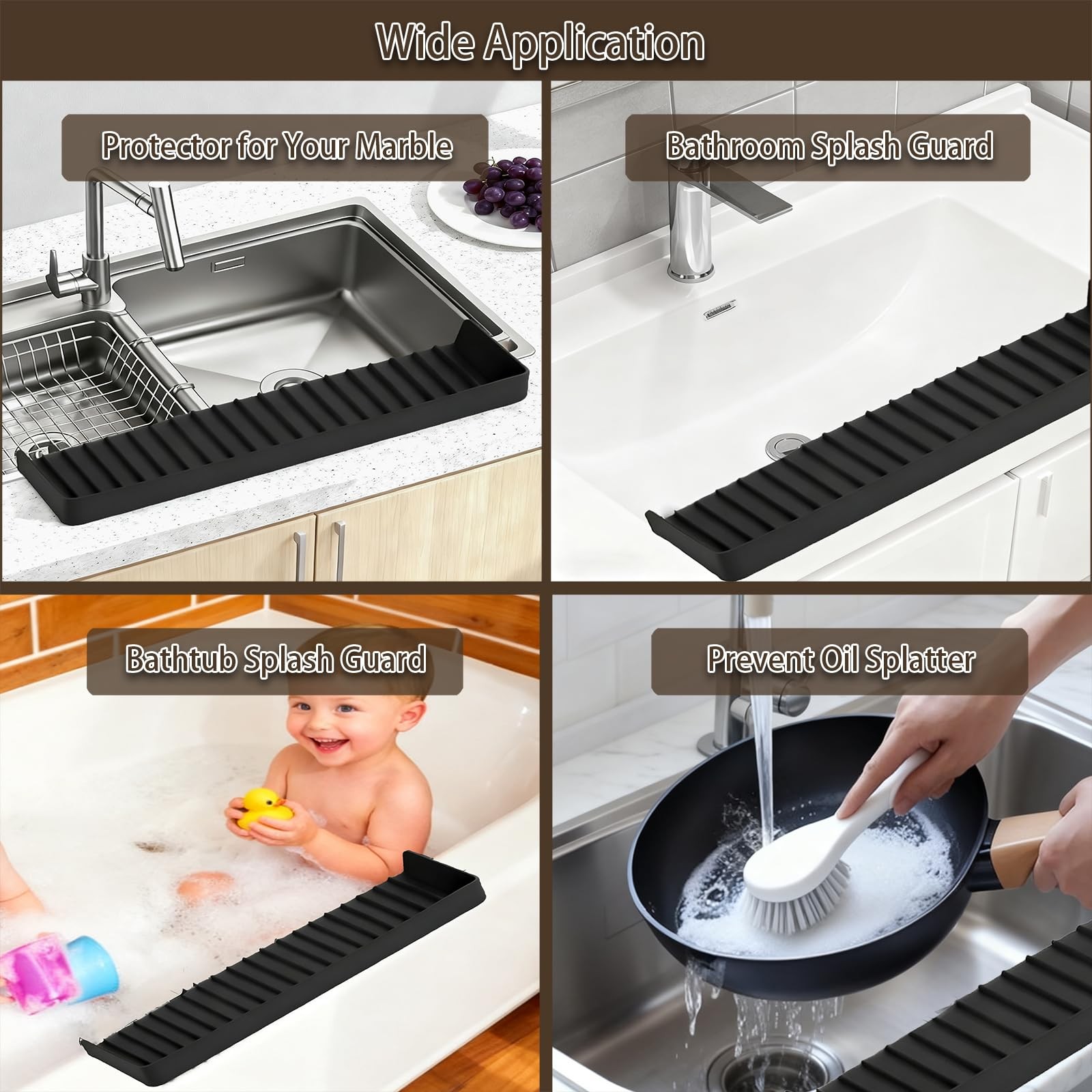Silicone Sink Edge Protector with Suction Cup 4″ x 4in*20in, Black