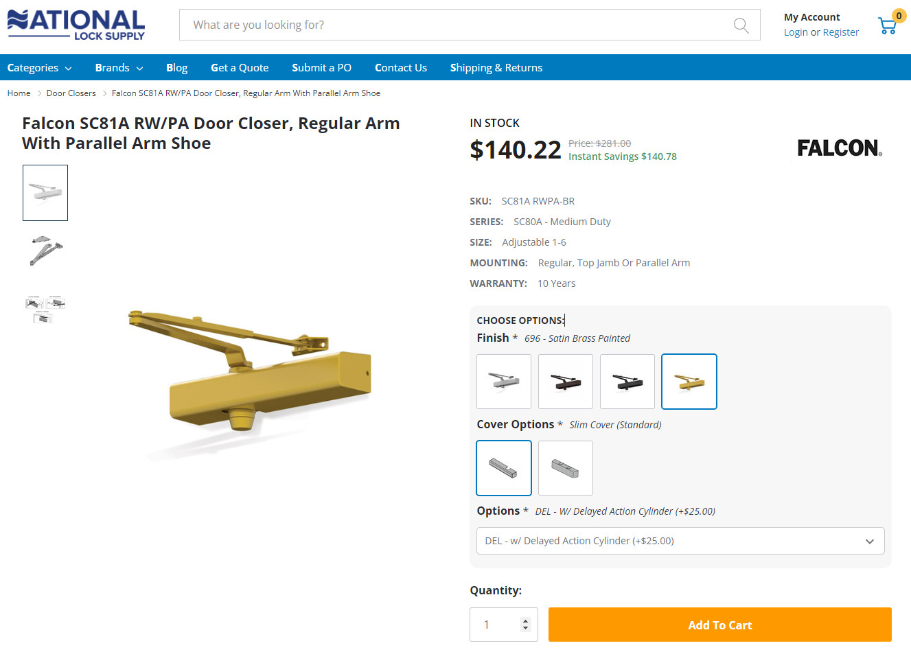 $281 Falcon SC81A RW/PA Door Closer | DA Cylinder | Slim Cover | Brass Finish