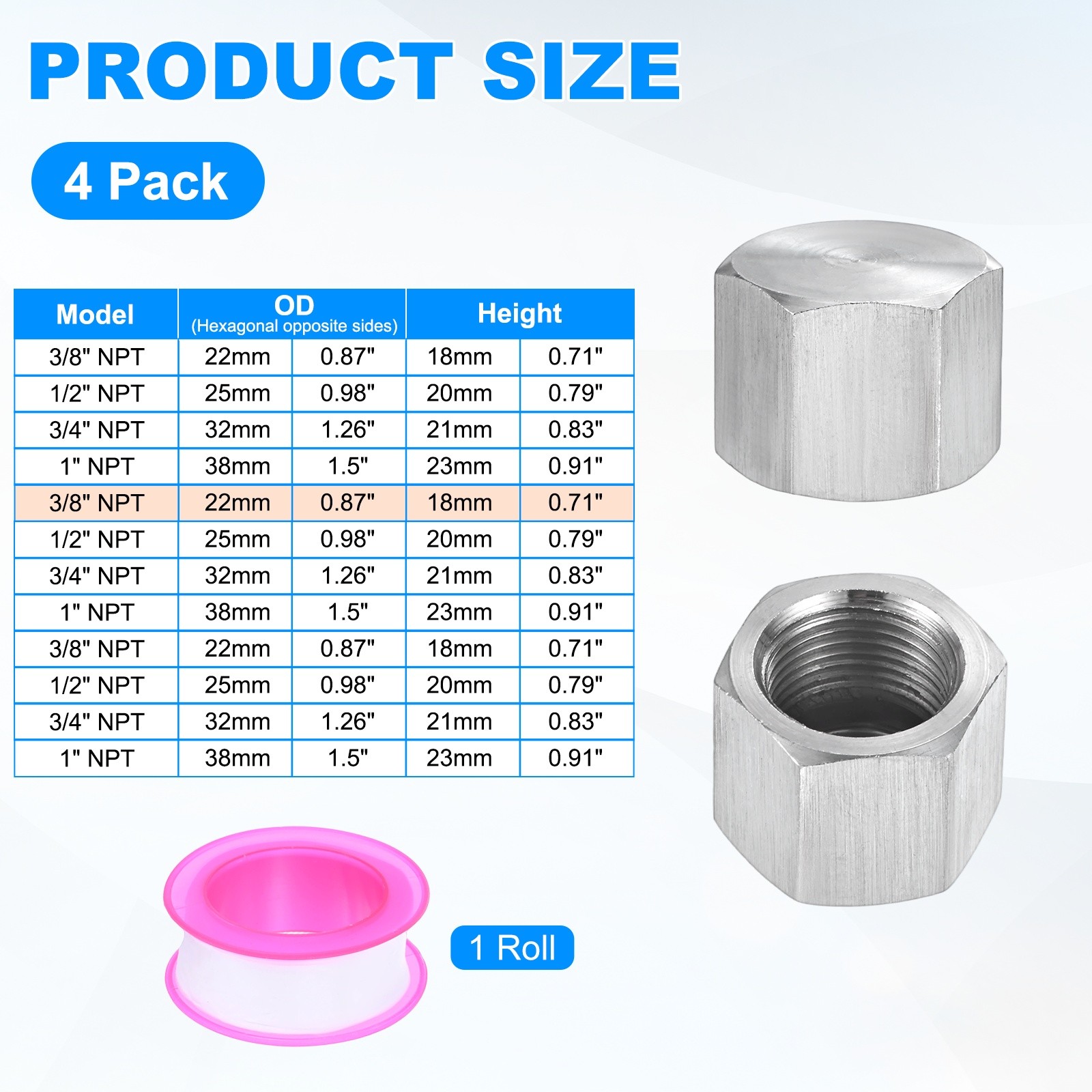 4-Pack Hex End Cap, 3/8 Inch NPT Female Thread Pipe Fitting