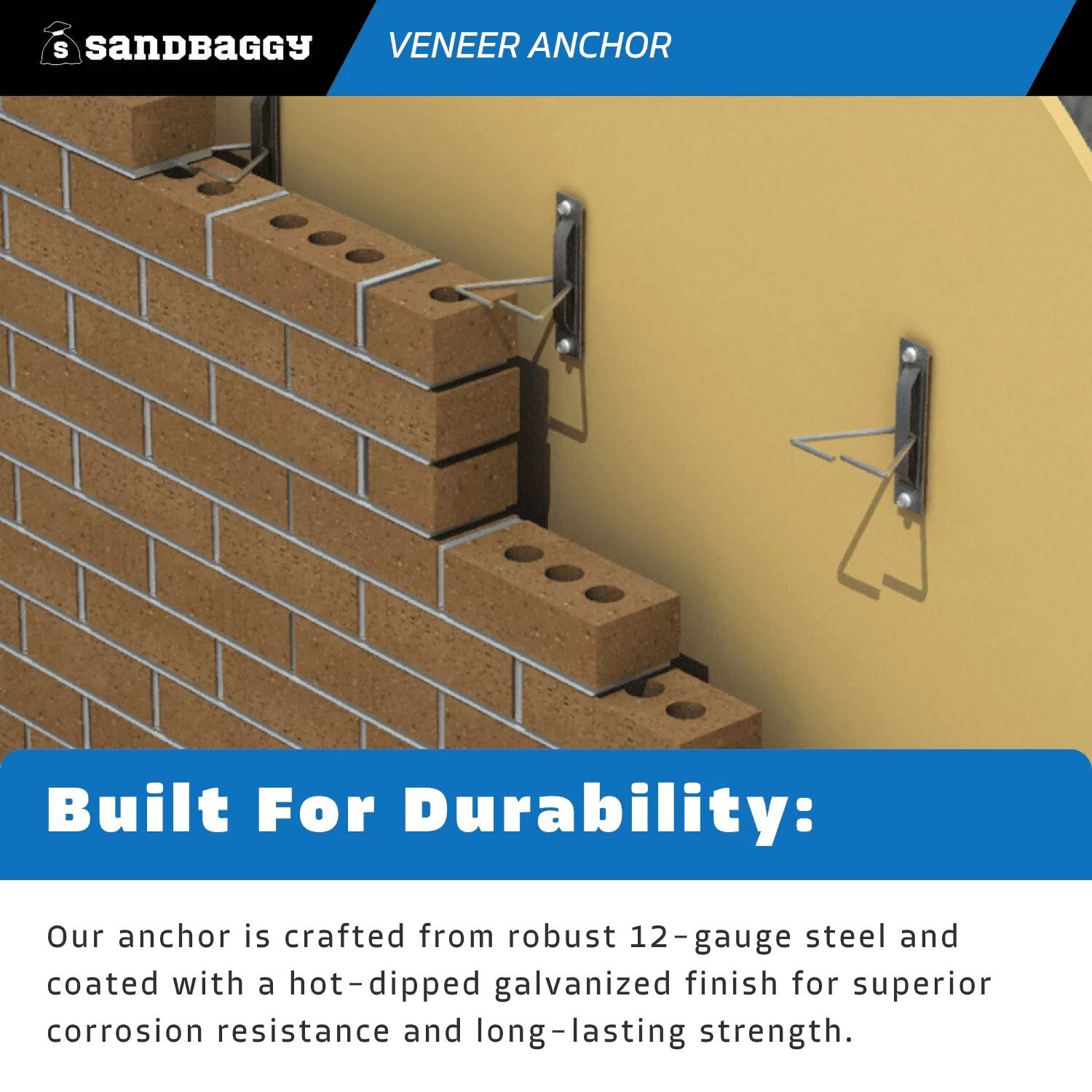 Sandbaggy Type 3 Adjustable Veneer Anchor – Hot Dipped Galvanized w/ Tri. Tie