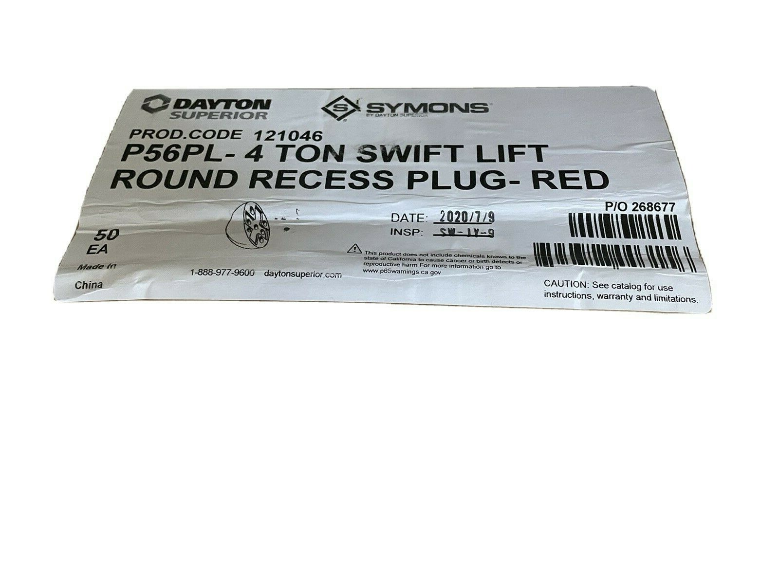 DAYTON SUPERIOR P56PL – 4 TON SWIFT LIFT ROUND RECESS PLUG RED (1CASE/50EA)