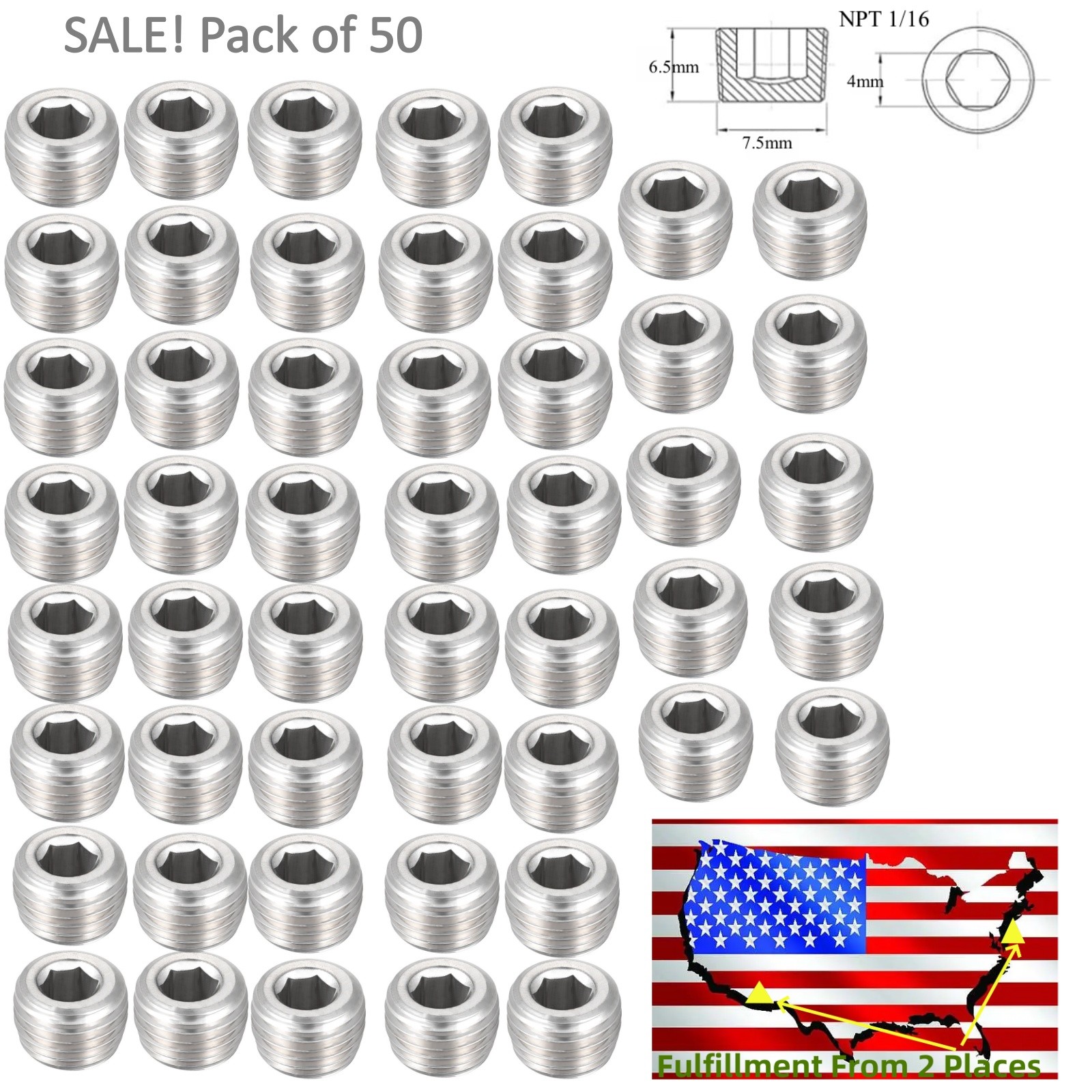 50PCS 1/16″ NPT HEX Head Stainless Steel 304 Pipe Plugs , USA FAST SHIPPING!