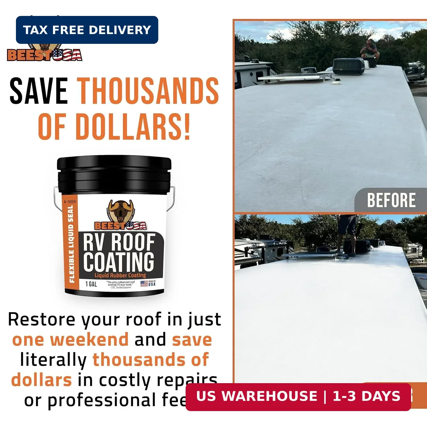 BEEST RV Roof Coating White, 1 Gallon Covers up to 50 sq ft (2 Coats), Solar Ref