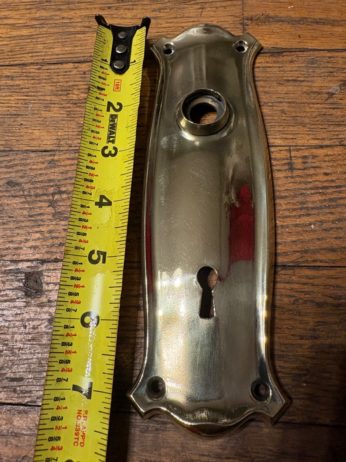 One (1) Vintage Polished Solid Brass Escutcheon Backplate NO SCREWS