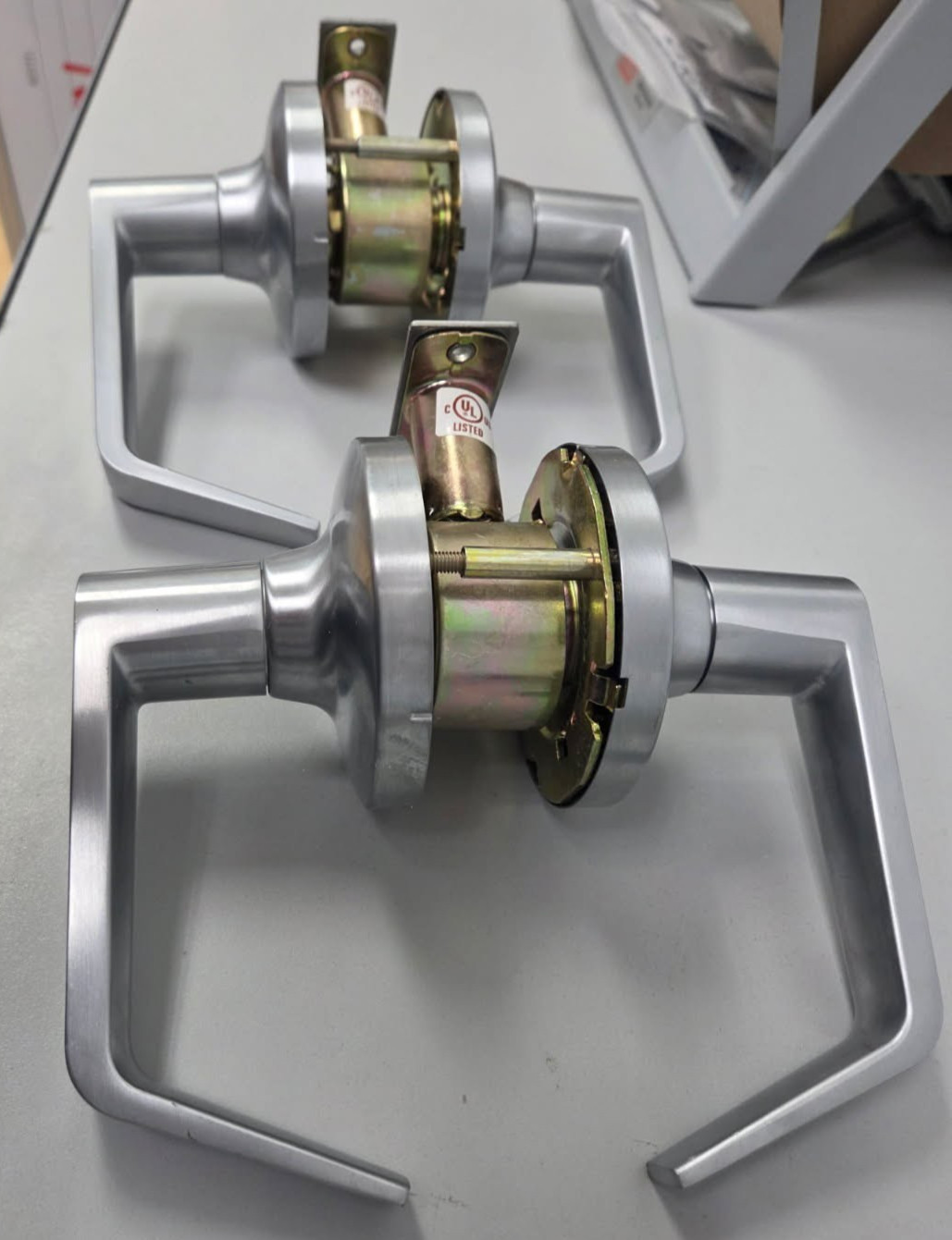 Set of TWO Tell Manufacturing Grade 2 commercial lever locksets – Satin Chrome