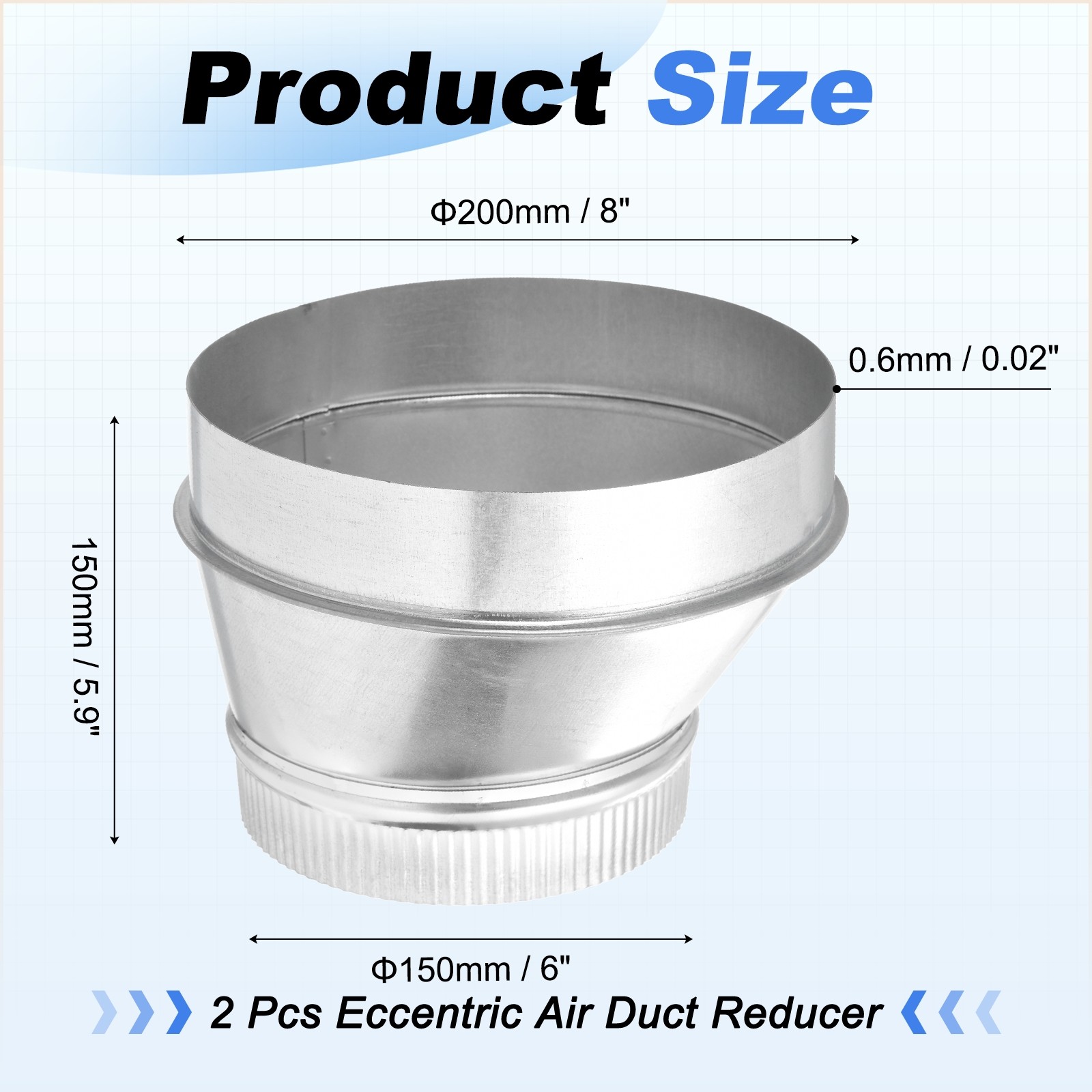 2 Pcs Eccentric Duct Reducer(8″ to 6″ ) – Galvanized Ducting Connector, Silver
