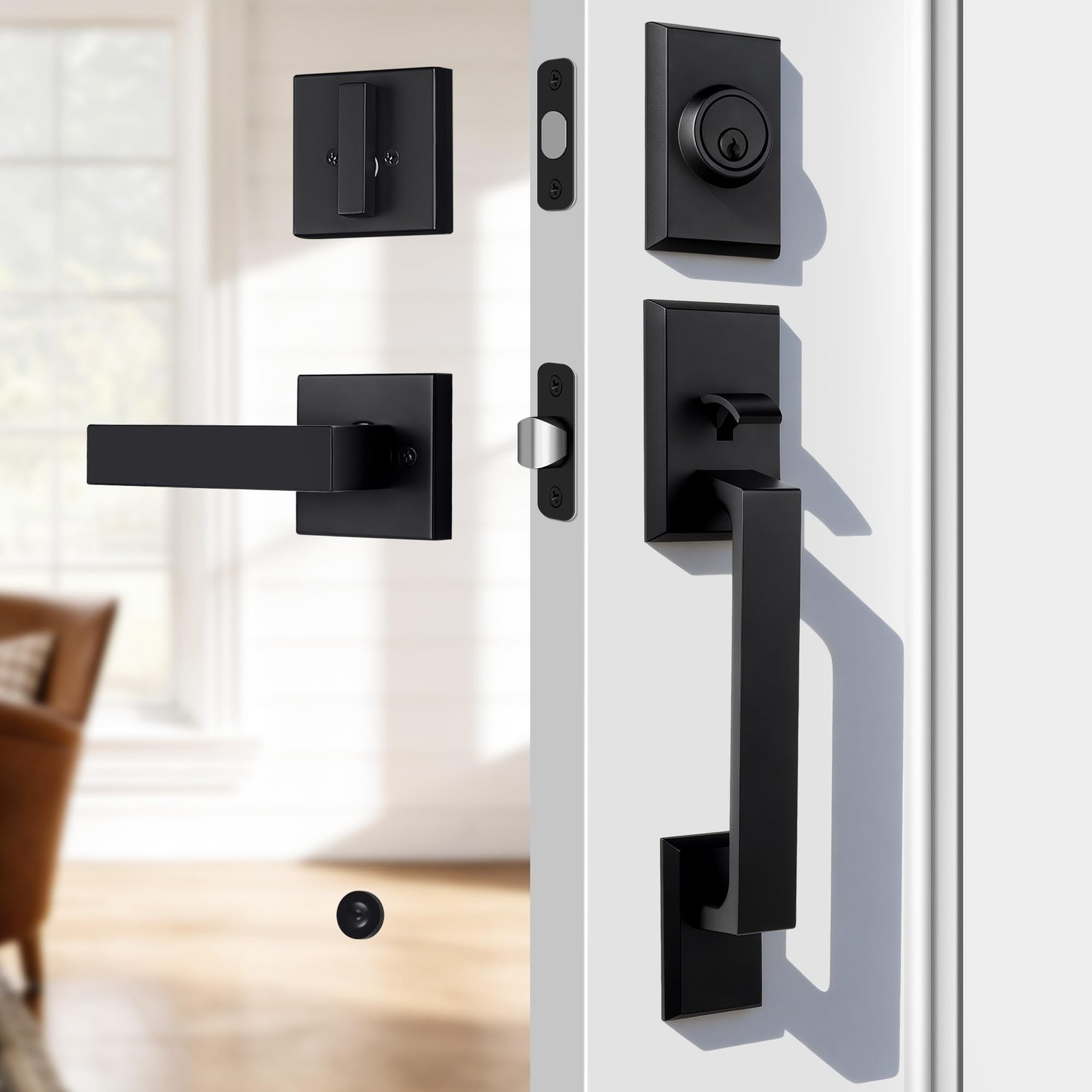 Front Door Handleset Heavy Duty Door Handle and Deadbolt Lock Set, Square Ent…