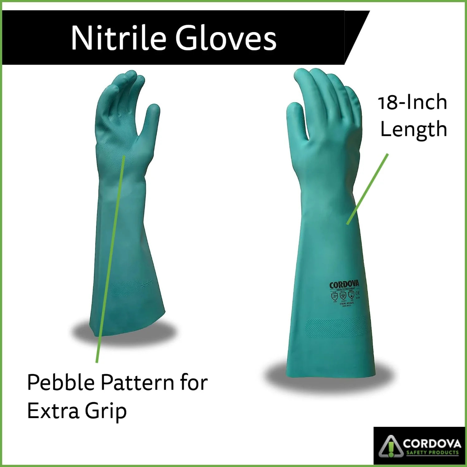 Cordova Premium Green Nitrile Gloves, Unlined, 22-MIL, Pebble Grip, 18-Inch, 12-