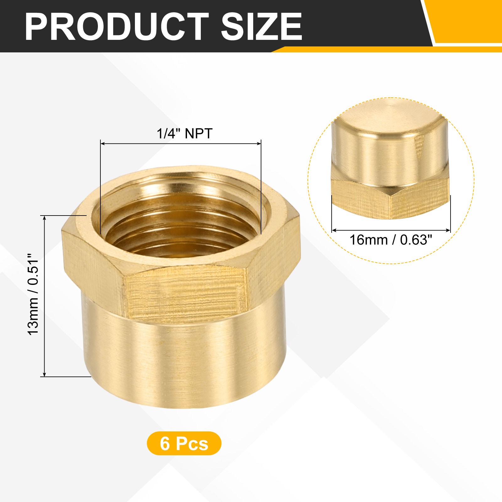 6Pcs 1/4″ NPT Female Brass Pipe Fitting Cap Hex Head Tubing Thread Ends Cap