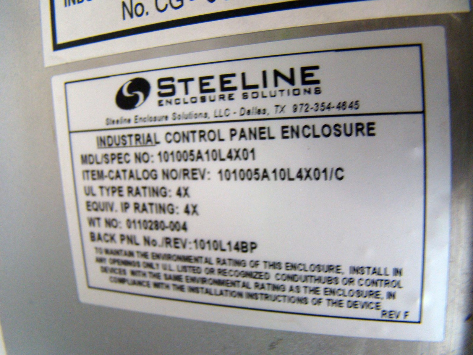 10 x 10 x 5 Steeline Industrial Control Panel Enclosure 101005A10L4X01/C W/4 Con