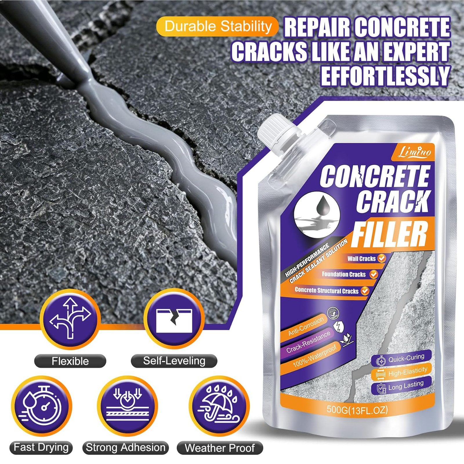 Concrete Crack Filler 1.1 lb Gray Self Leveling Cement Repair Kit for Driveway