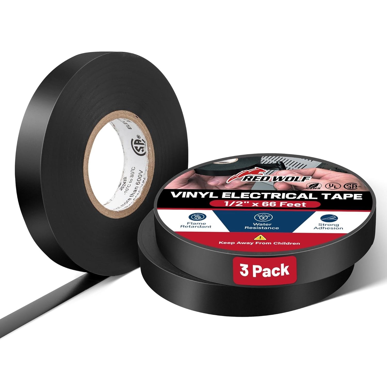RED WOLF Vinyl Electrical Tape 1/2″-66Ft 3 Pcs, UL CSA Listed PVC Electric Tape
