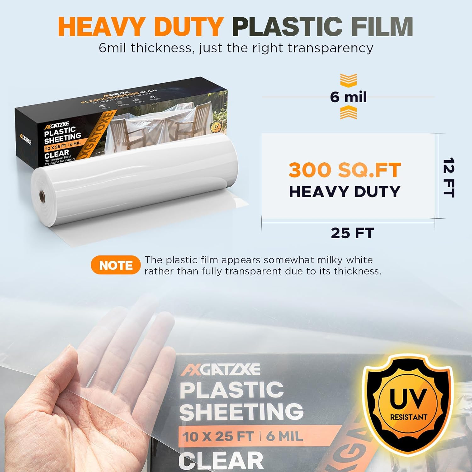 6 Mil 10X25 FT Heavy Duty Plastic Sheeting, UV Resistant Tear-Proof for Greenhou